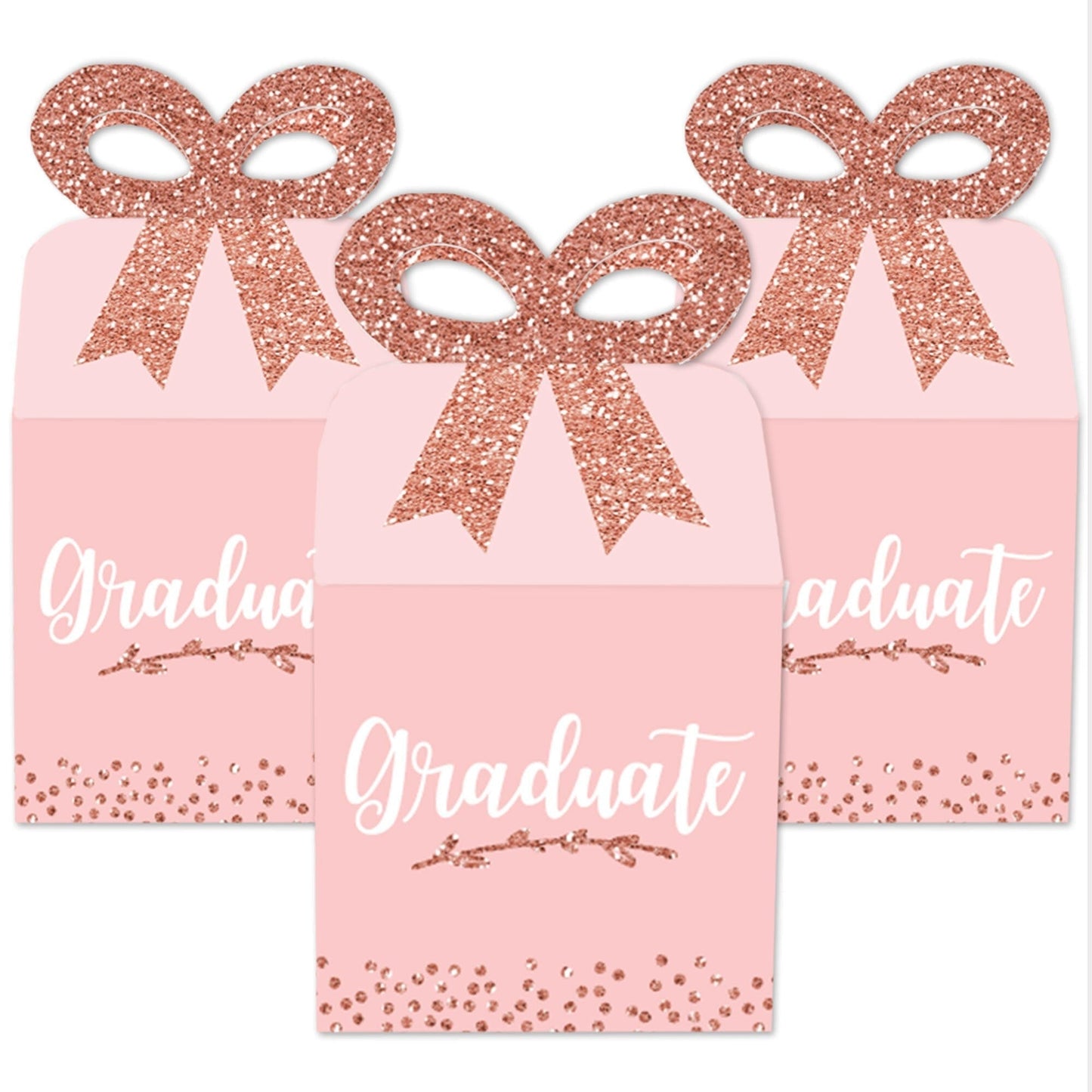 Rose Gold Grad - Square Favor Gift Boxes - Graduation Party Bow Boxes - Set of 12