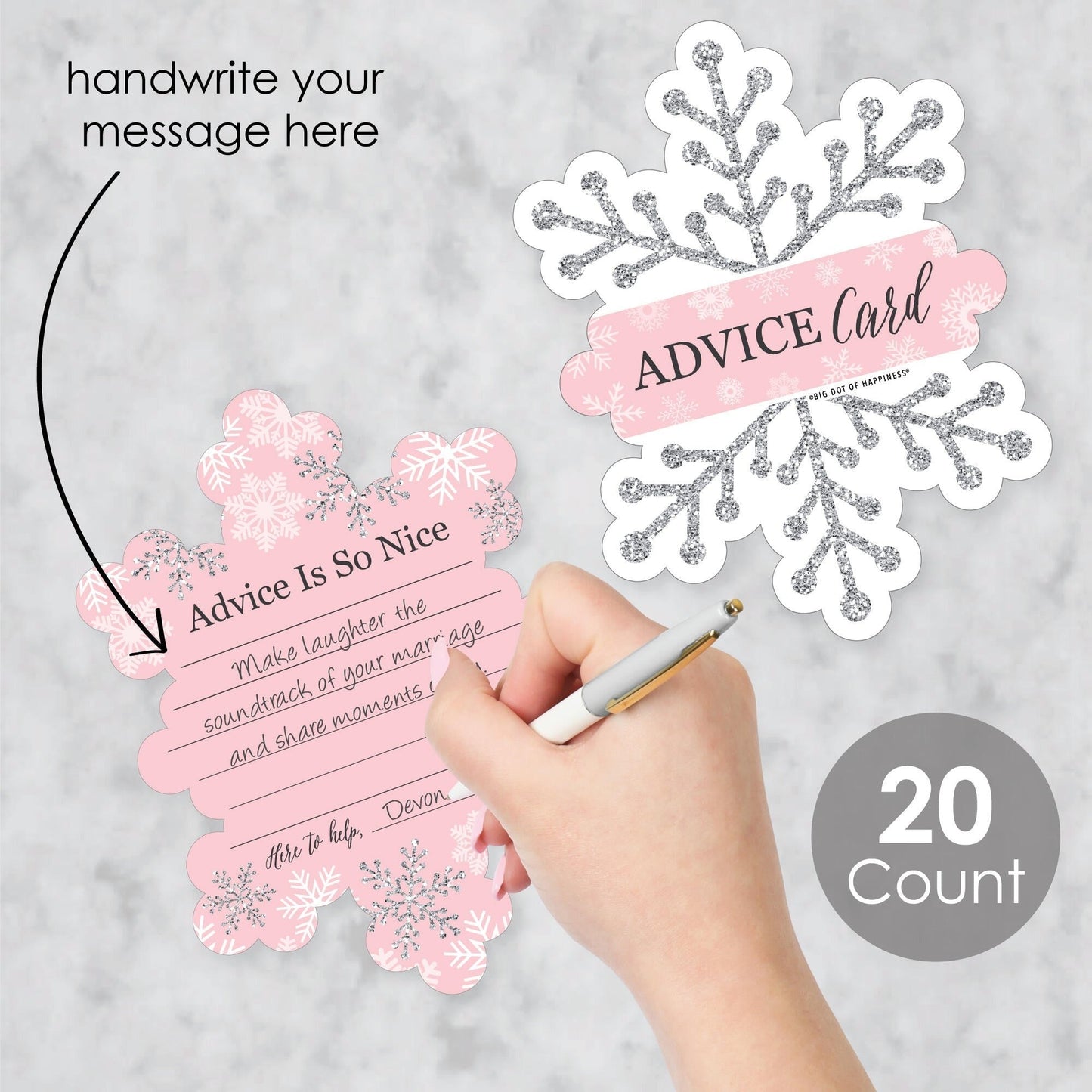 Pink Winter Wonderland - Wish Card Holiday Snowflake Birthday Party and Baby Shower Activities - Shaped Advice Cards Game - Set of 20