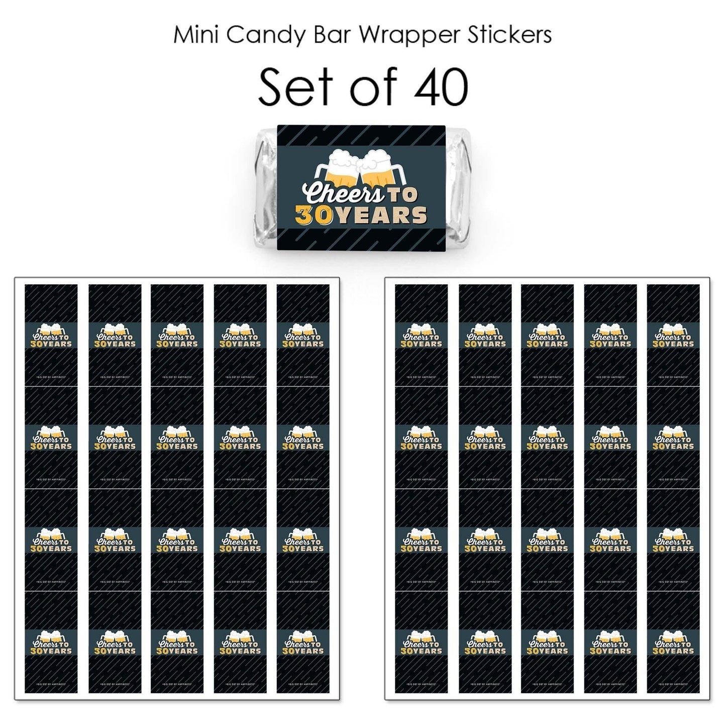 Cheers and Beers to 30 Years - Mini Candy Bar Wrapper Stickers - 30th Birthday Party Small Favors - 40 Count