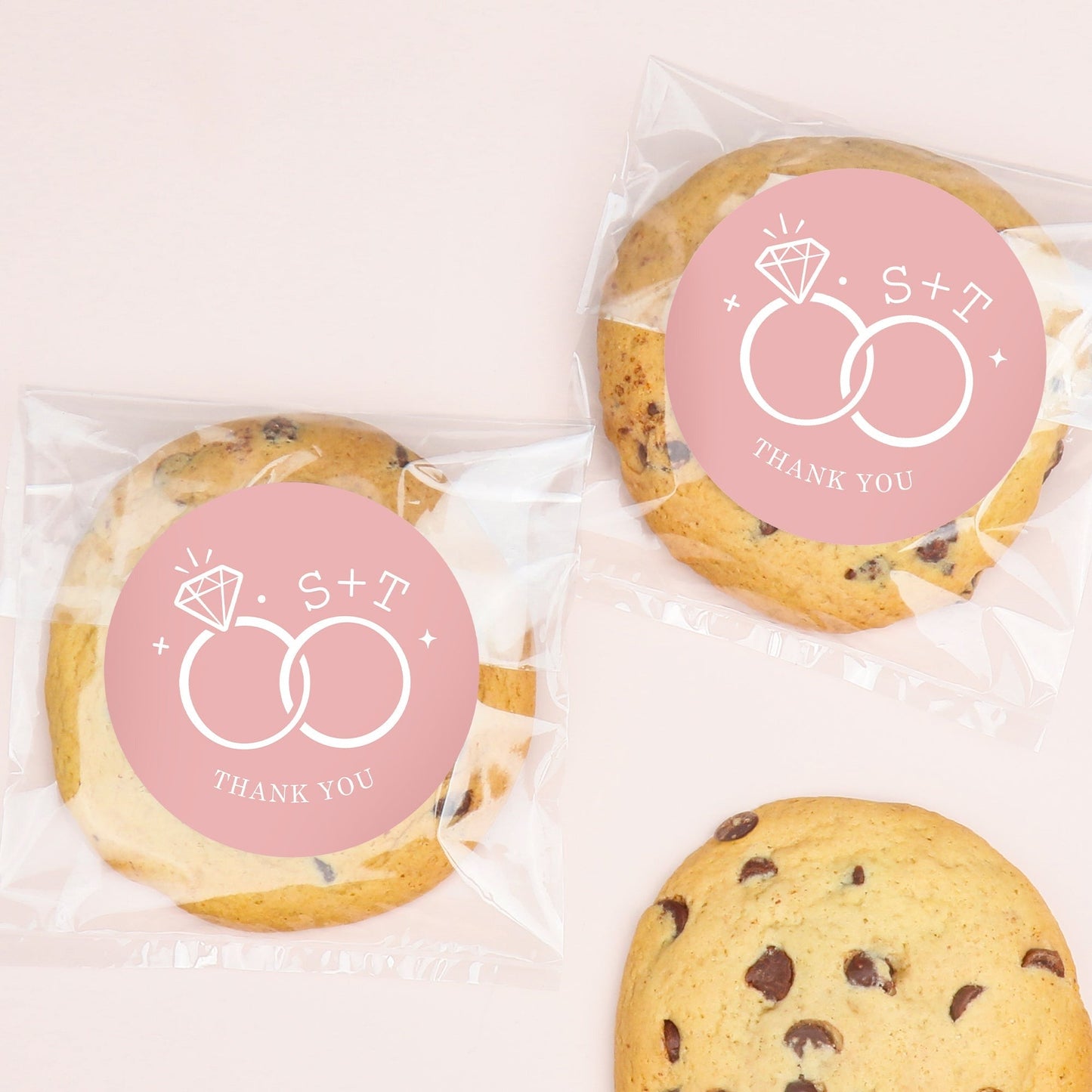 Custom Text Stickers & Clear Cookie Bags - Pink Wedding Rings