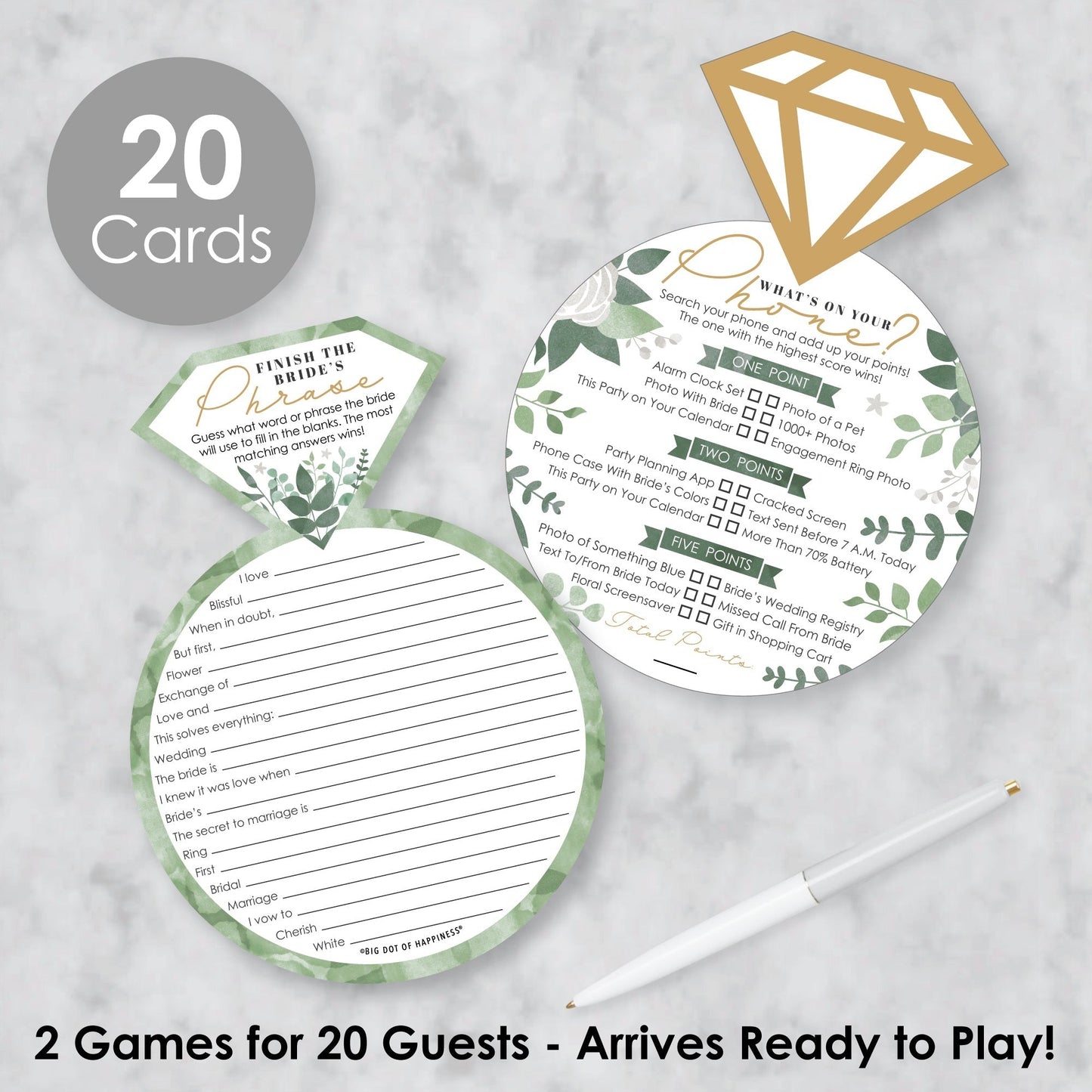 Boho Botanical Bride - 2-in-1 Greenery Bridal Shower and Wedding Party Cards - Activity Duo Games - Set of 20