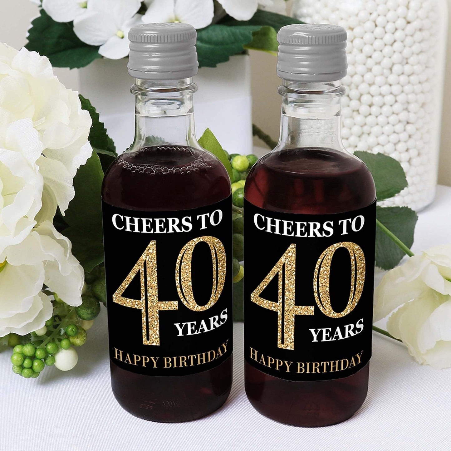 Adult 40th Birthday - Gold - Mini Wine and Champagne Bottle Label Stickers - Birthday Party Favor Gift - For Women and Men - Set of 16