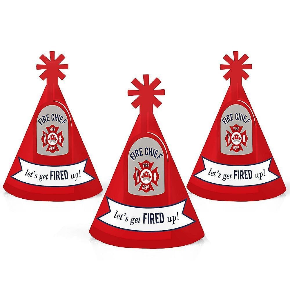 Fired Up Fire Truck - Mini Cone Firefighter Firetruck Baby Shower or Birthday Party Hats - Small Little Party Hats - Set of 8