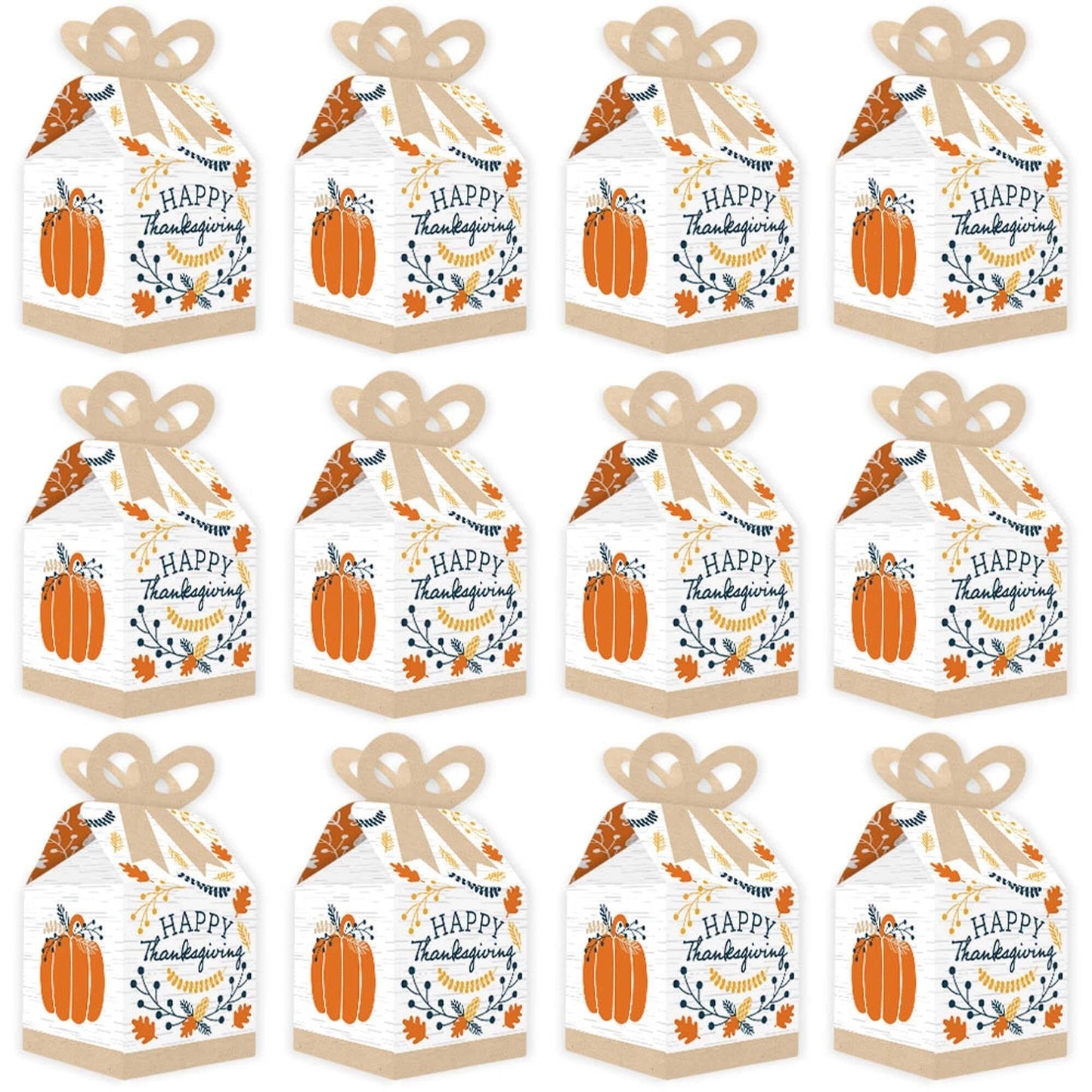 Happy Thanksgiving - Square Favor Gift Boxes - Fall Harvest Party Bow Boxes - Set of 12