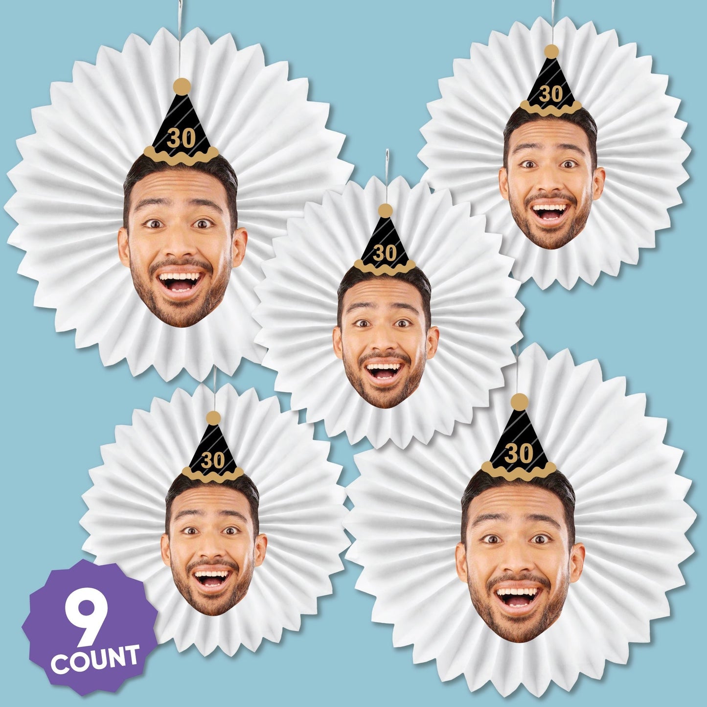 Custom Face Black & Gold Birthday Paper Fans