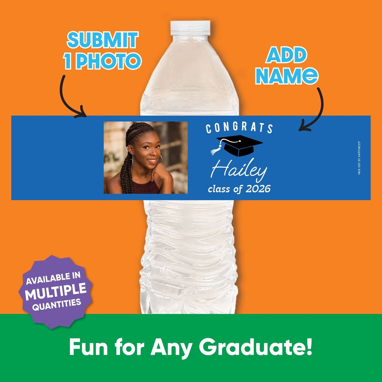 Custom Photo Blue Graduation Water Bottle Labels