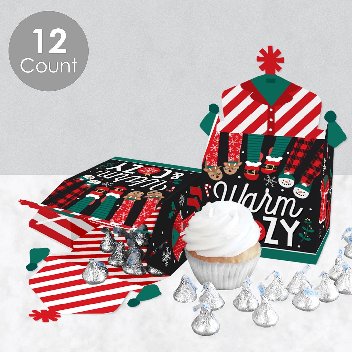 Christmas Pajamas - Treat Box Party Favors - Holiday Plaid PJ Party Goodie Gable Boxes - Set of 12