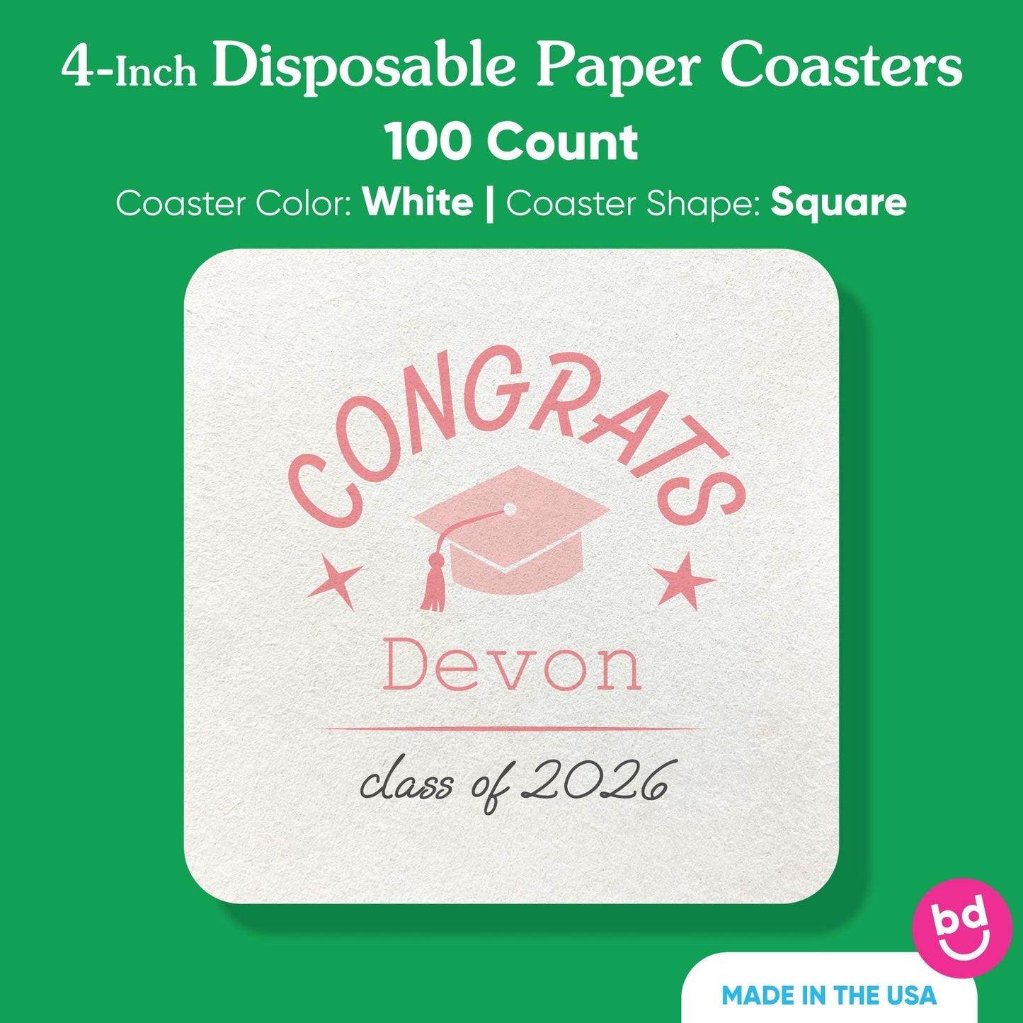 Custom Text Coasters - Pink Graduation - 100 Ct