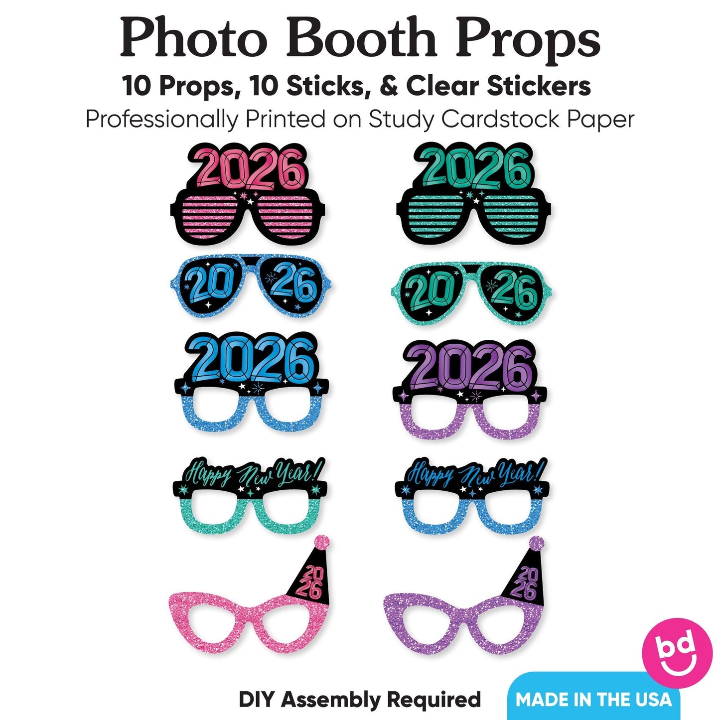 Colorful New Year 2026 Glasses and Masks Photo Props - 10 Ct