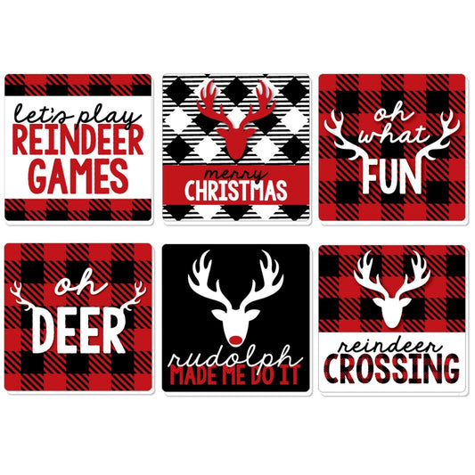 Prancing Plaid - Funny Reindeer Holiday and Christmas Party Decorations - Drink Coasters - Set of 6