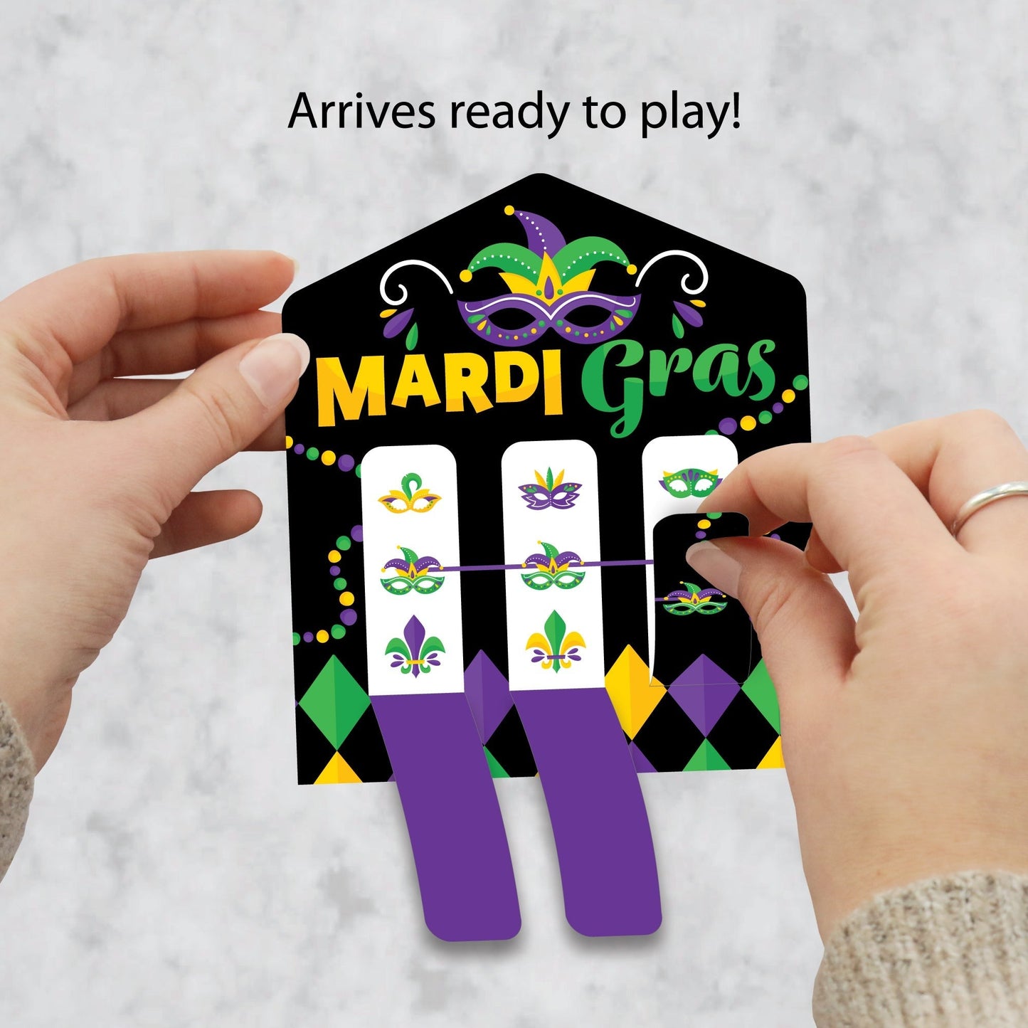 Colorful Mardi Gras Mask - Masquerade Party Game Pickle Cards - Pull Tabs 3-in-a-Row - Set of 12