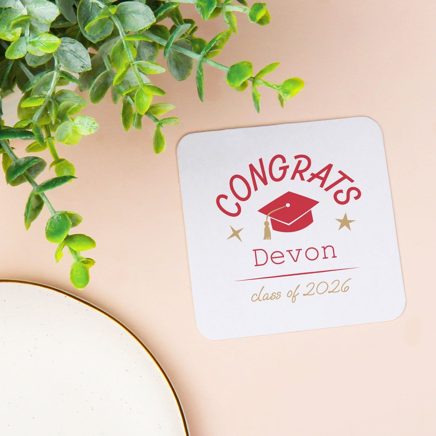 Custom Text Coasters - Red Graduation - 100 Ct