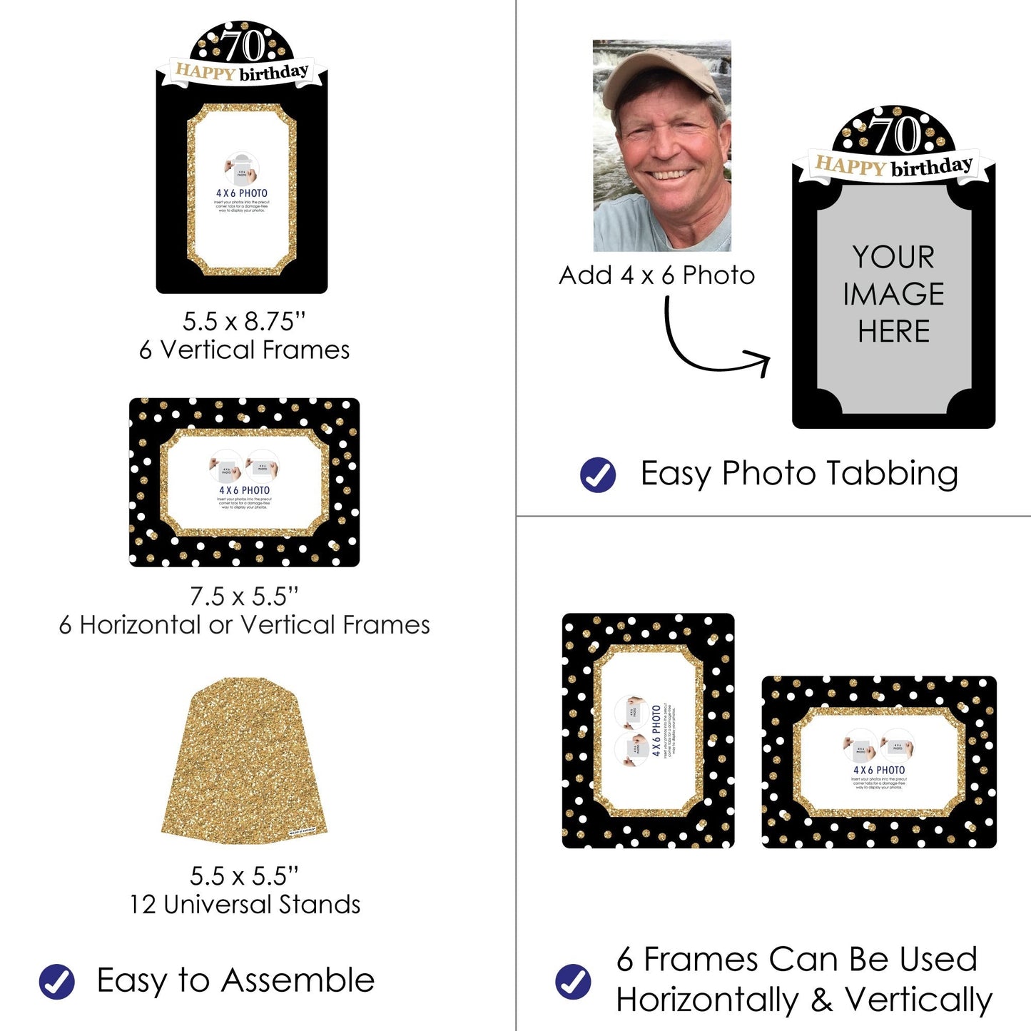 Adult 70th Birthday - Gold - Birthday Party 4x6 Picture Display - Paper Photo Frames - Set of 12