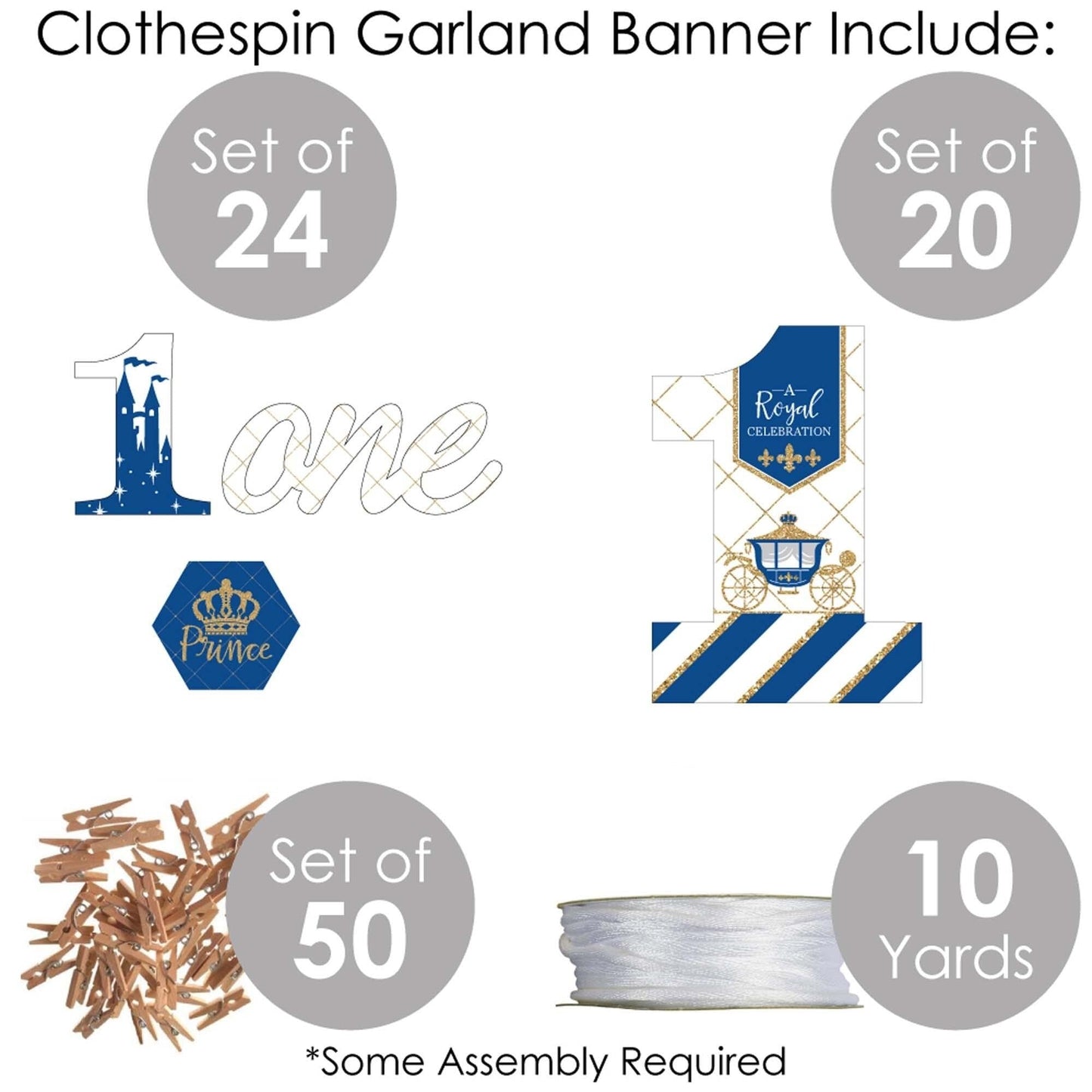 1st Birthday Royal Prince Charming - First Birthday Party DIY Decorations - Clothespin Garland Banner - 44 Pieces
