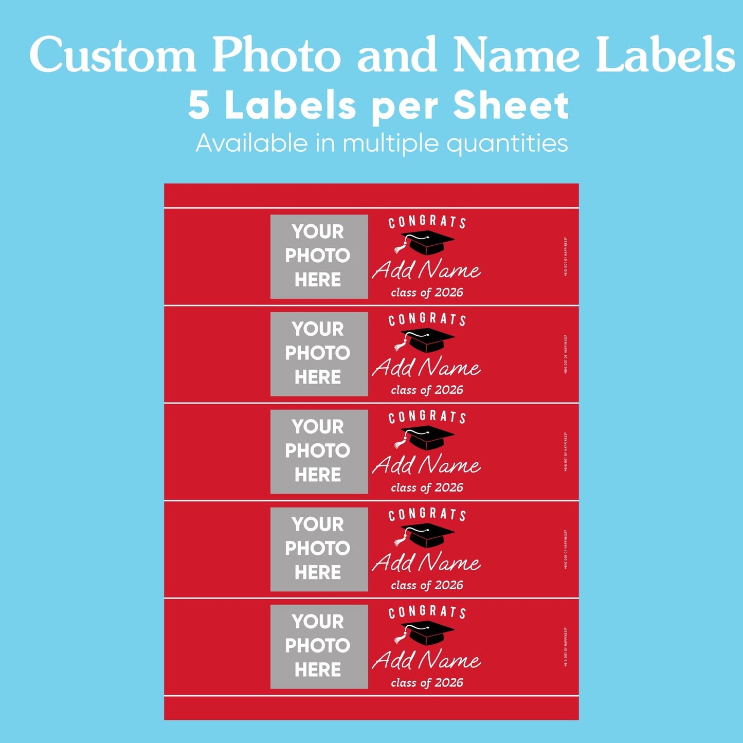 Custom Photo Red Graduation Water Bottle Labels