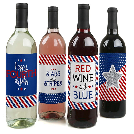 4th of July - Independence Day Decorations for Women and Men - Wine Bottle Labels - Set of 4