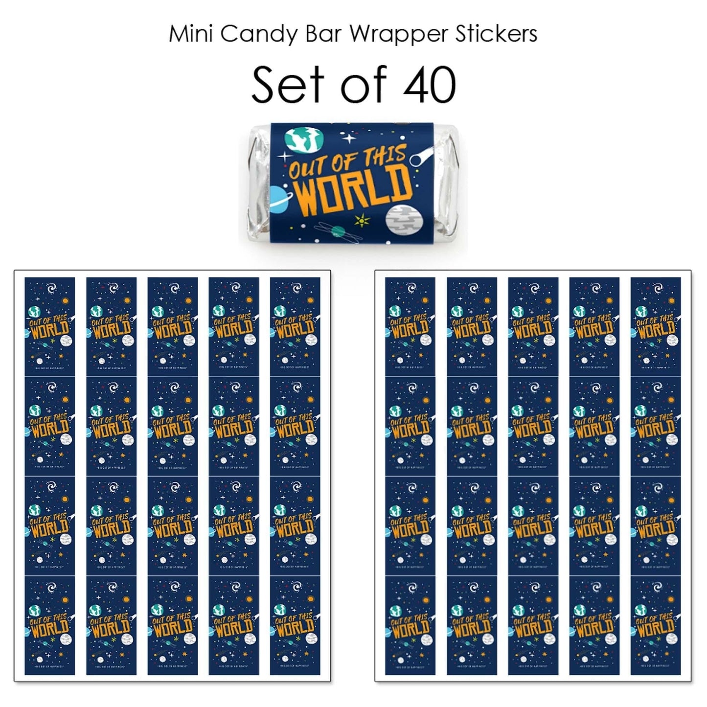 Blast Off to Outer Space - Mini Candy Bar Wrappers Stickers - Rocket Ship Baby Shower or Birthday Party Small Favors - 40 Count