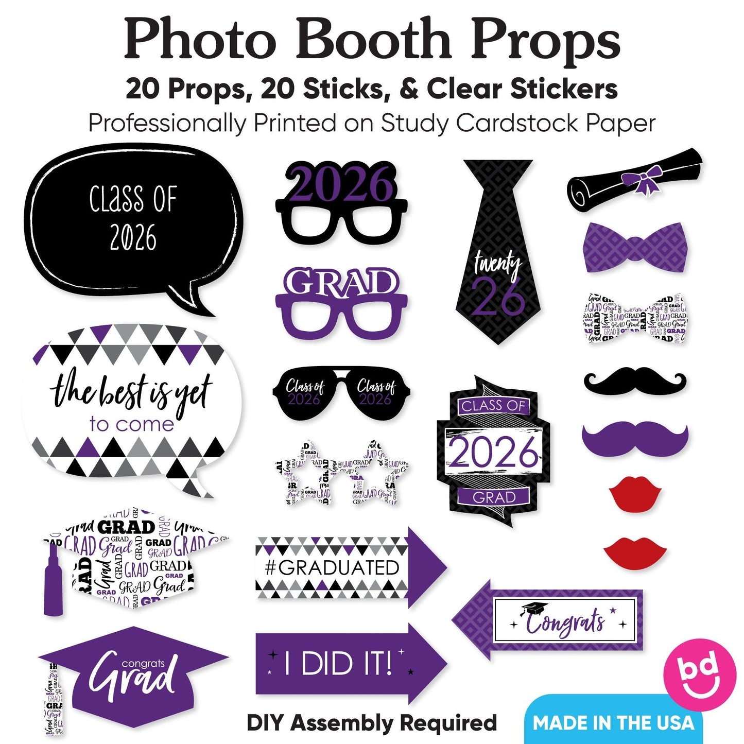 Purple Grad - 2026 Graduation Party Photo Booth Props Kit - 20 Count