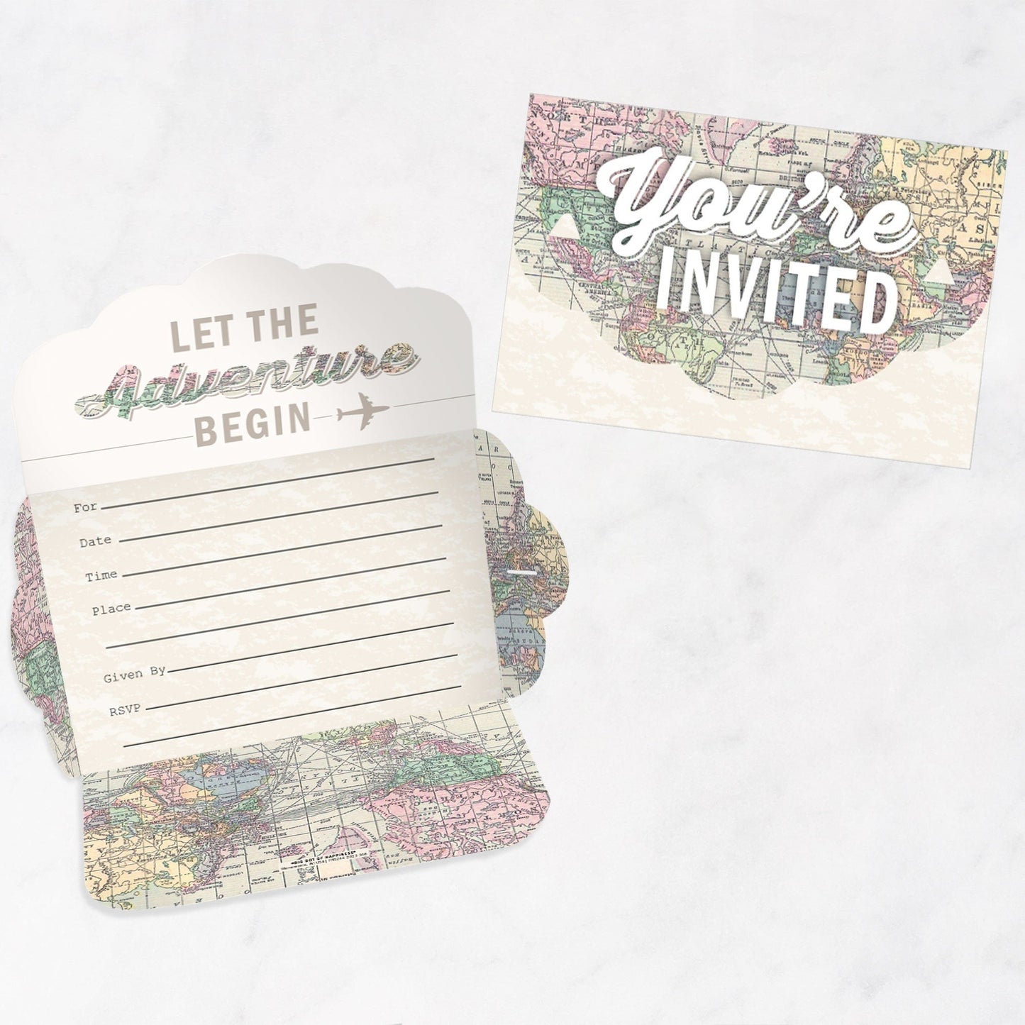 World Awaits - Fill-In Cards - Travel Themed Party Fold and Send Invitations - Set of 8