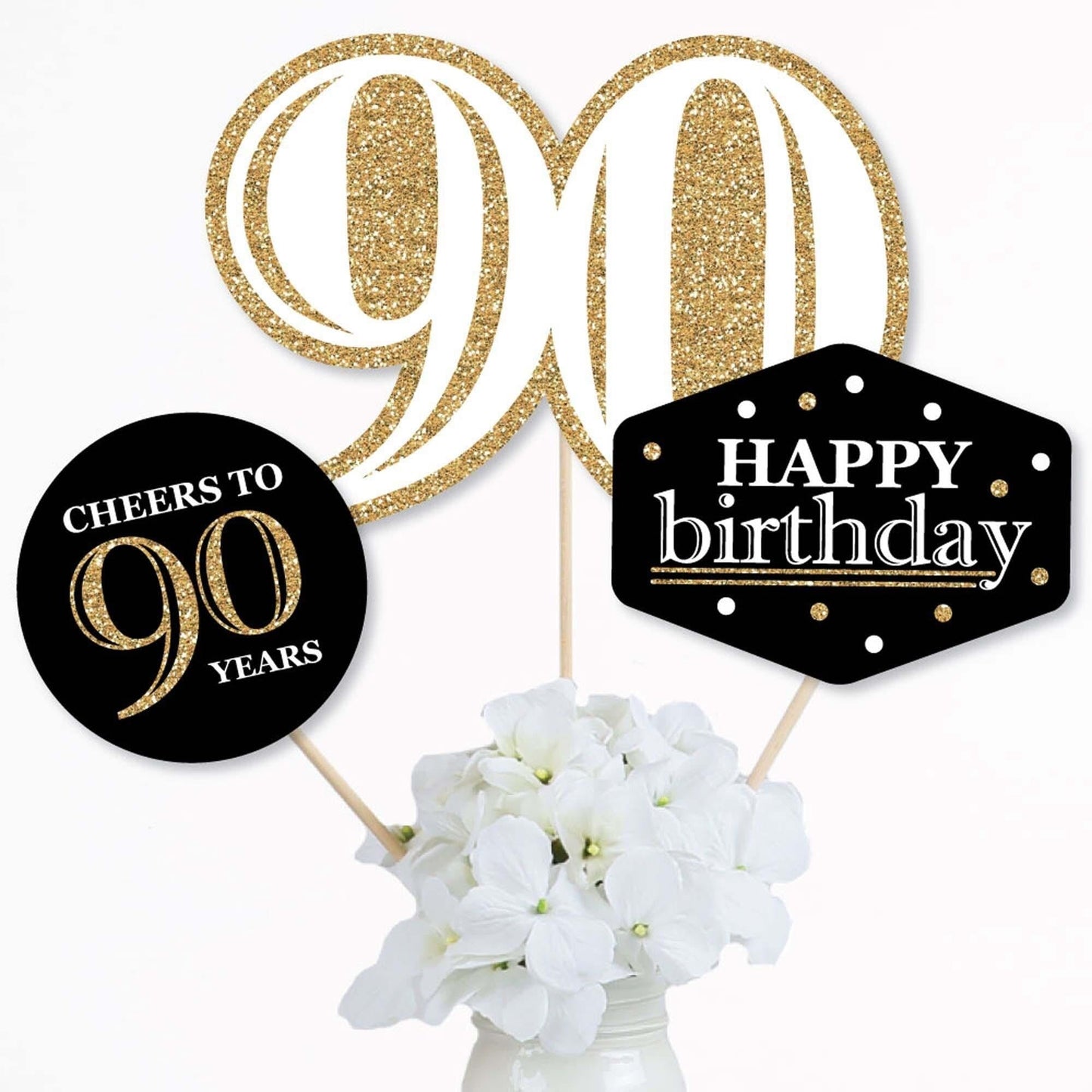 Adult 90th Birthday - Gold - Birthday Party Centerpiece Sticks - Table Toppers - Set of 15