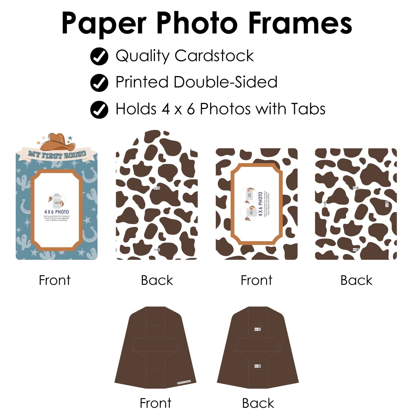 My First Rodeo - Little Cowboy 1st Birthday Party 4x6 Picture Display - Paper Photo Frames - Set of 12