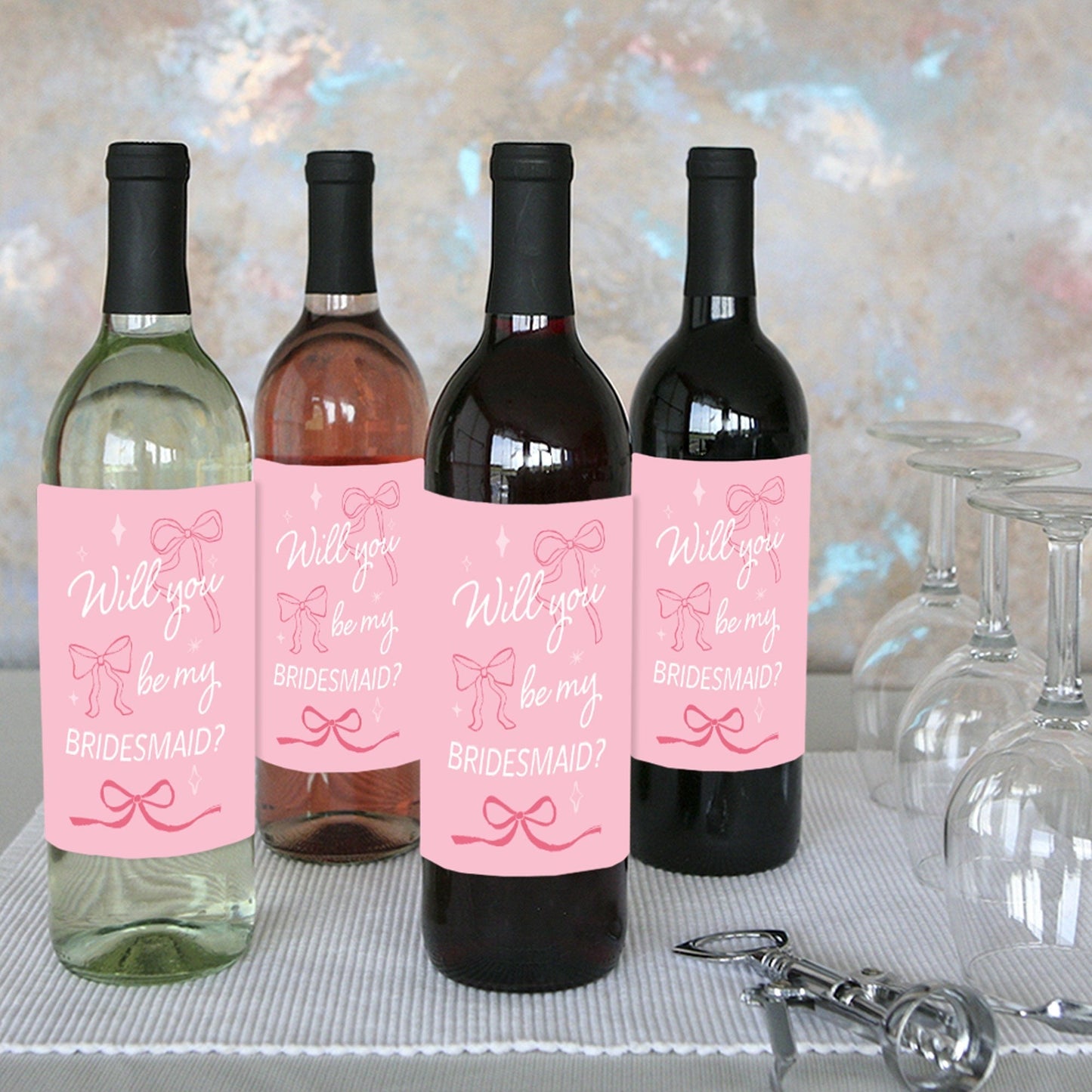 Will You Be My Bridesmaid Pink Bow Wine Bottle Labels - 4 Ct
