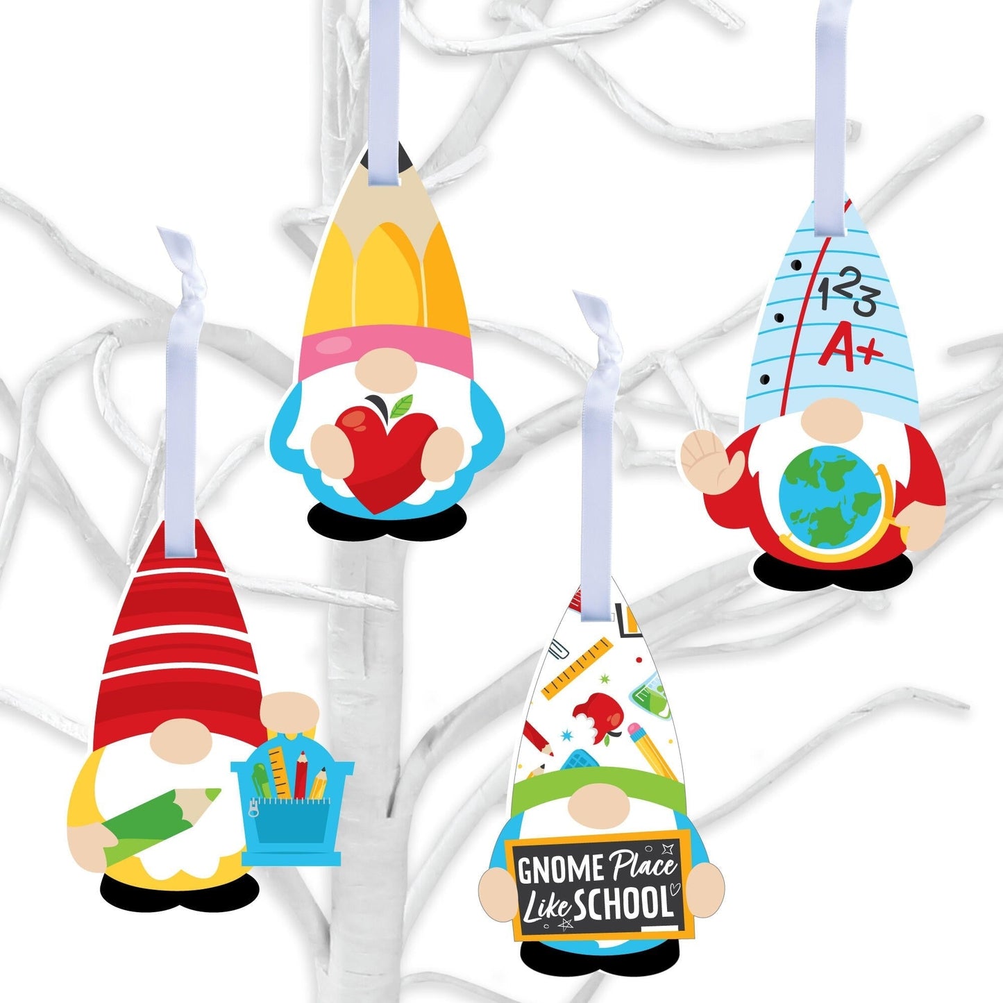 School Gnomes - Teacher and Classroom Decorations - Tree Ornaments - Set of 12