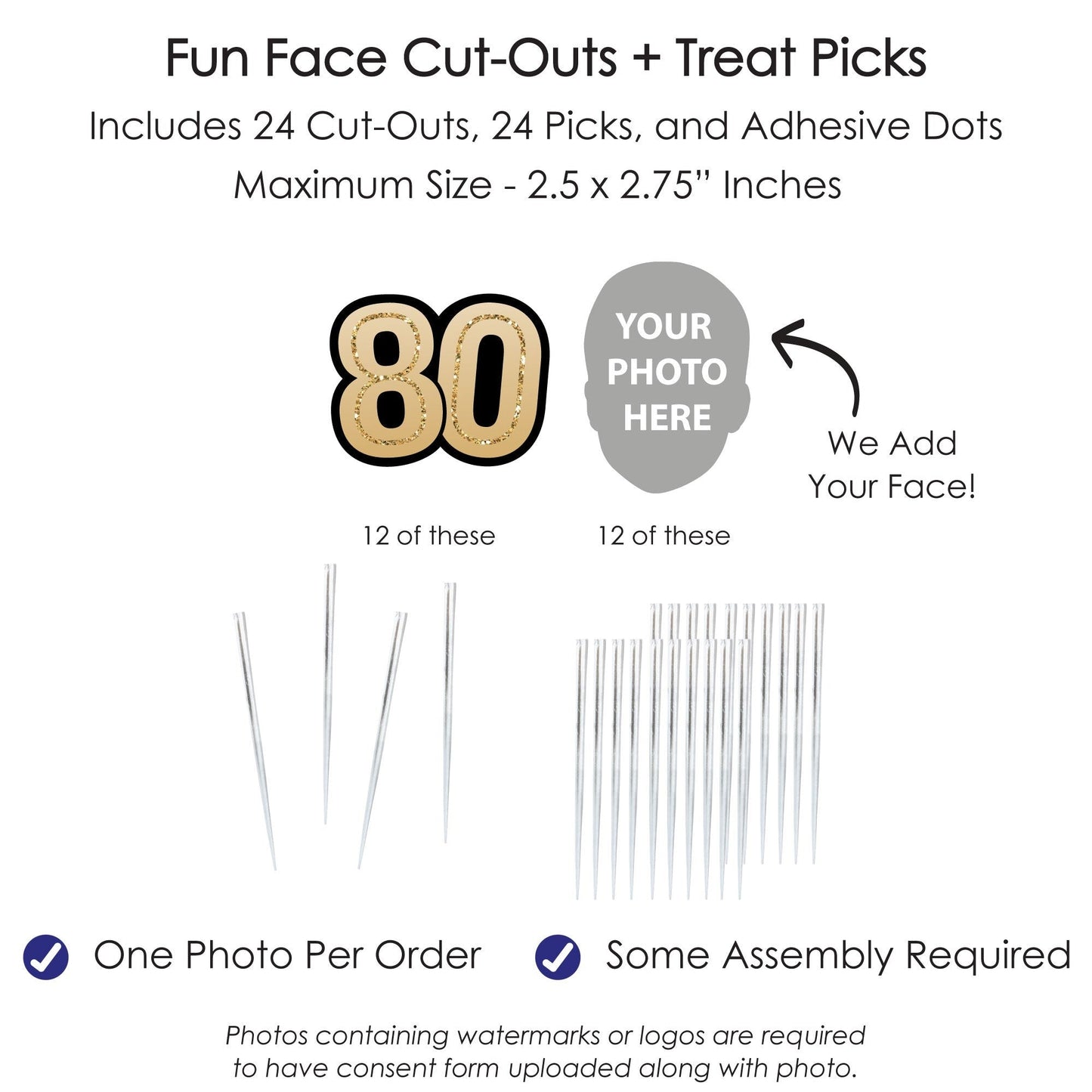 Custom Fun Face 80th Birthday Treat Picks - 24 Ct