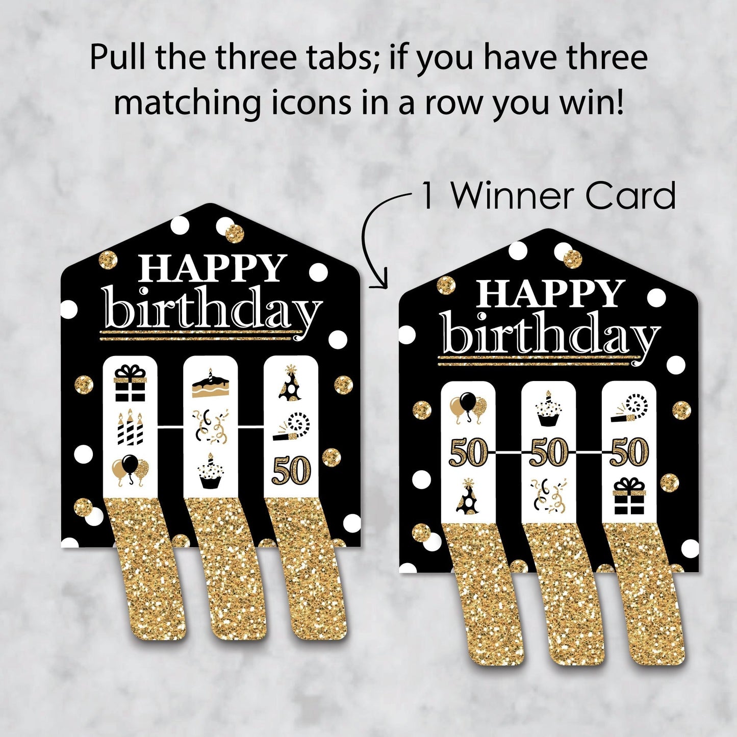 Adult 50th Birthday - Gold - Birthday Party Game Pickle Cards - Pull Tabs 3-in-a-Row - Set of 12