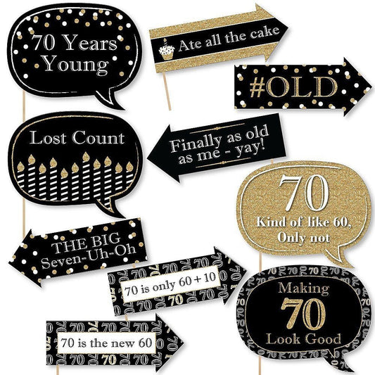 Funny Adult 70th Birthday - Gold - 10 Piece Birthday Party Photo Booth Props Kit