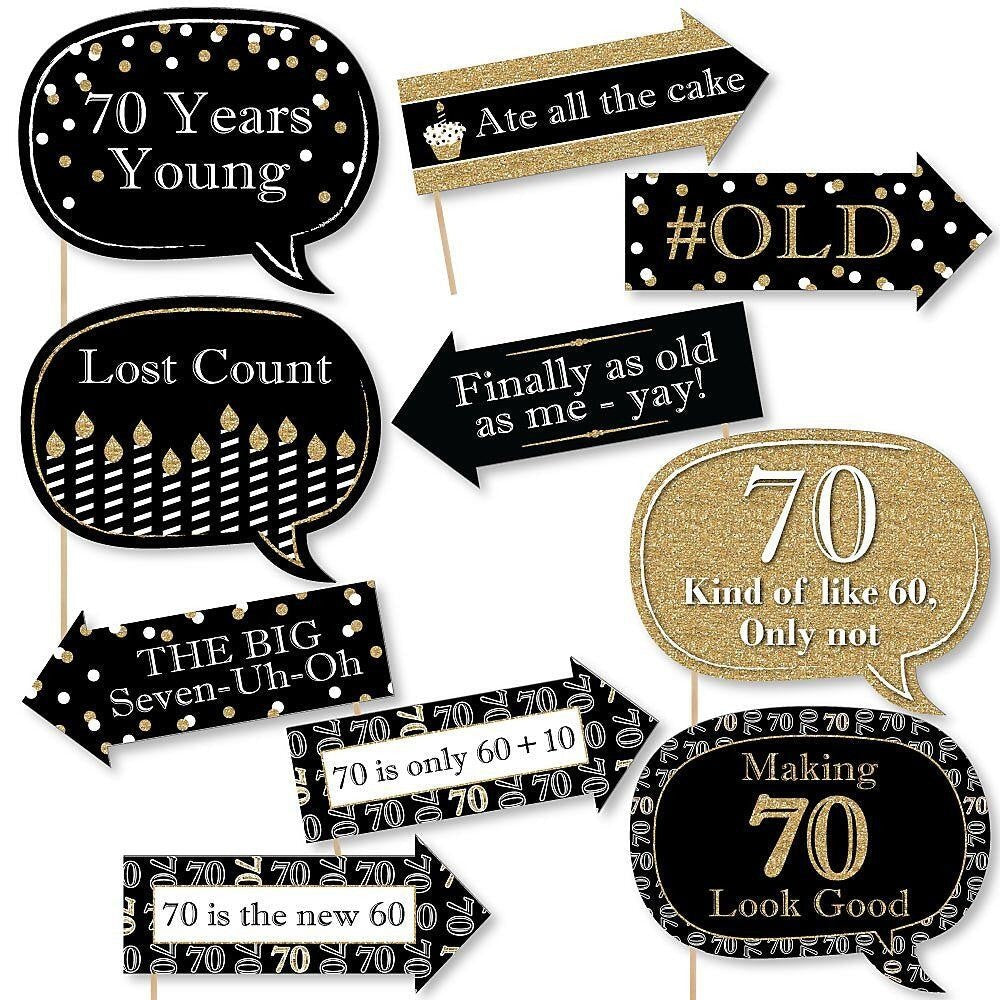 Funny Adult 70th Birthday - Gold - 10 Piece Birthday Party Photo Booth Props Kit