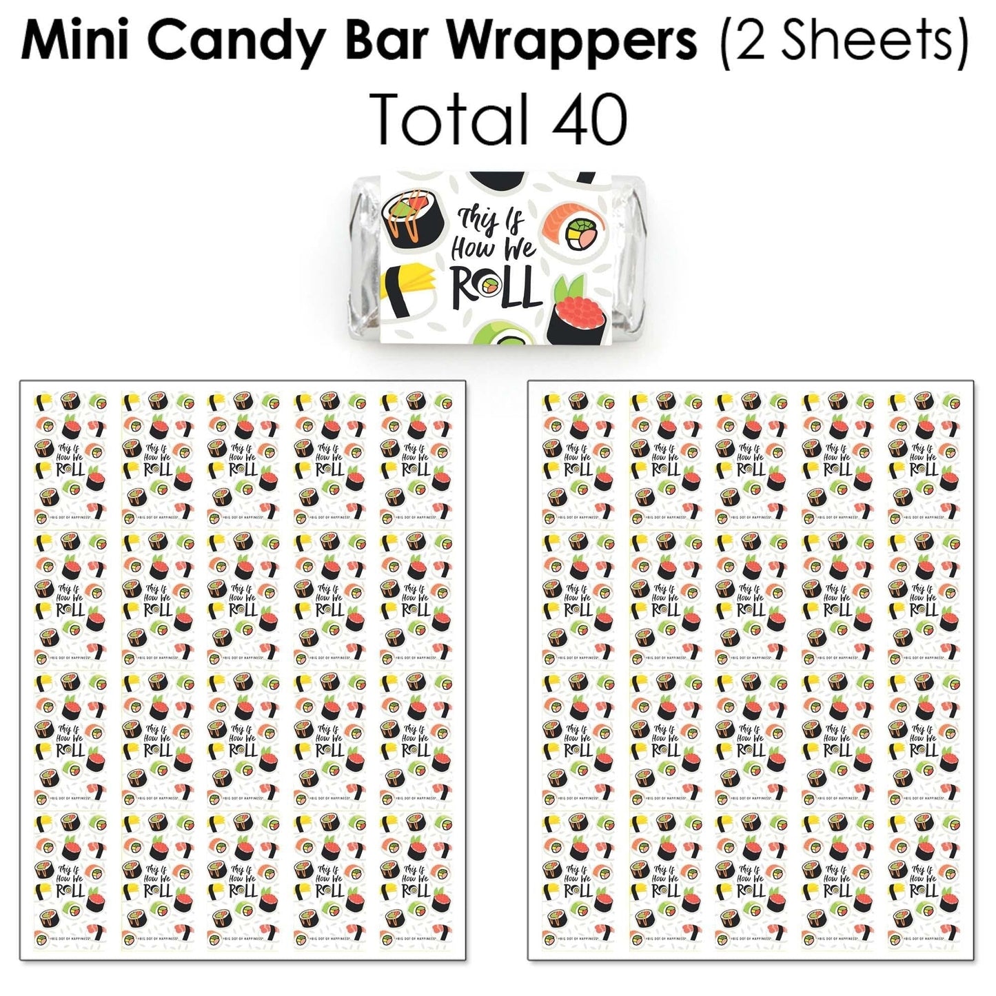 Let's Roll - Sushi - Mini Candy Bar Wrappers, Round Candy Stickers and Circle Stickers - Japanese Party Candy Favor Sticker Kit - 304 Pieces