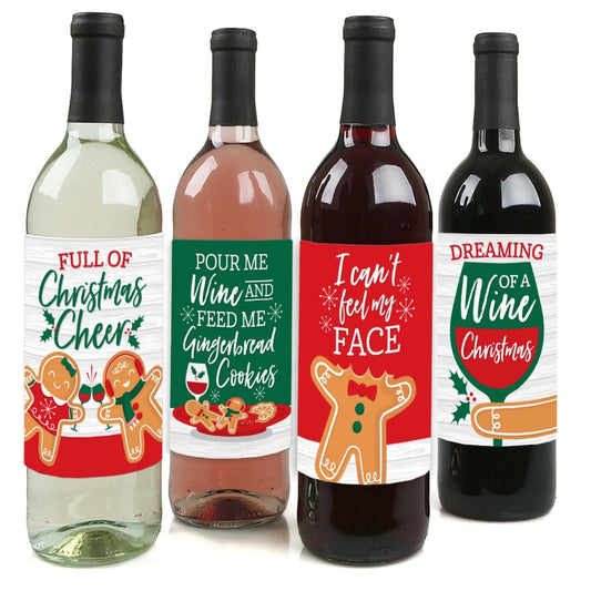 Gingerbread Christmas - Gingerbread Man Holiday Party Decorations for Women and Men - Wine Bottle Label Stickers - Set of 4