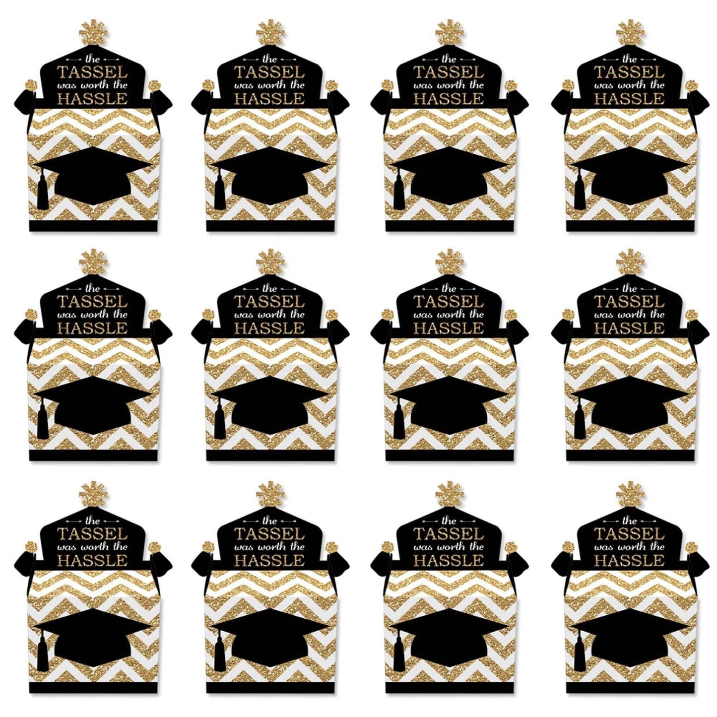 Tassel Worth The Hassle - Gold - Treat Box Party Favors - Graduation Party Goodie Gable Boxes - Set of 12