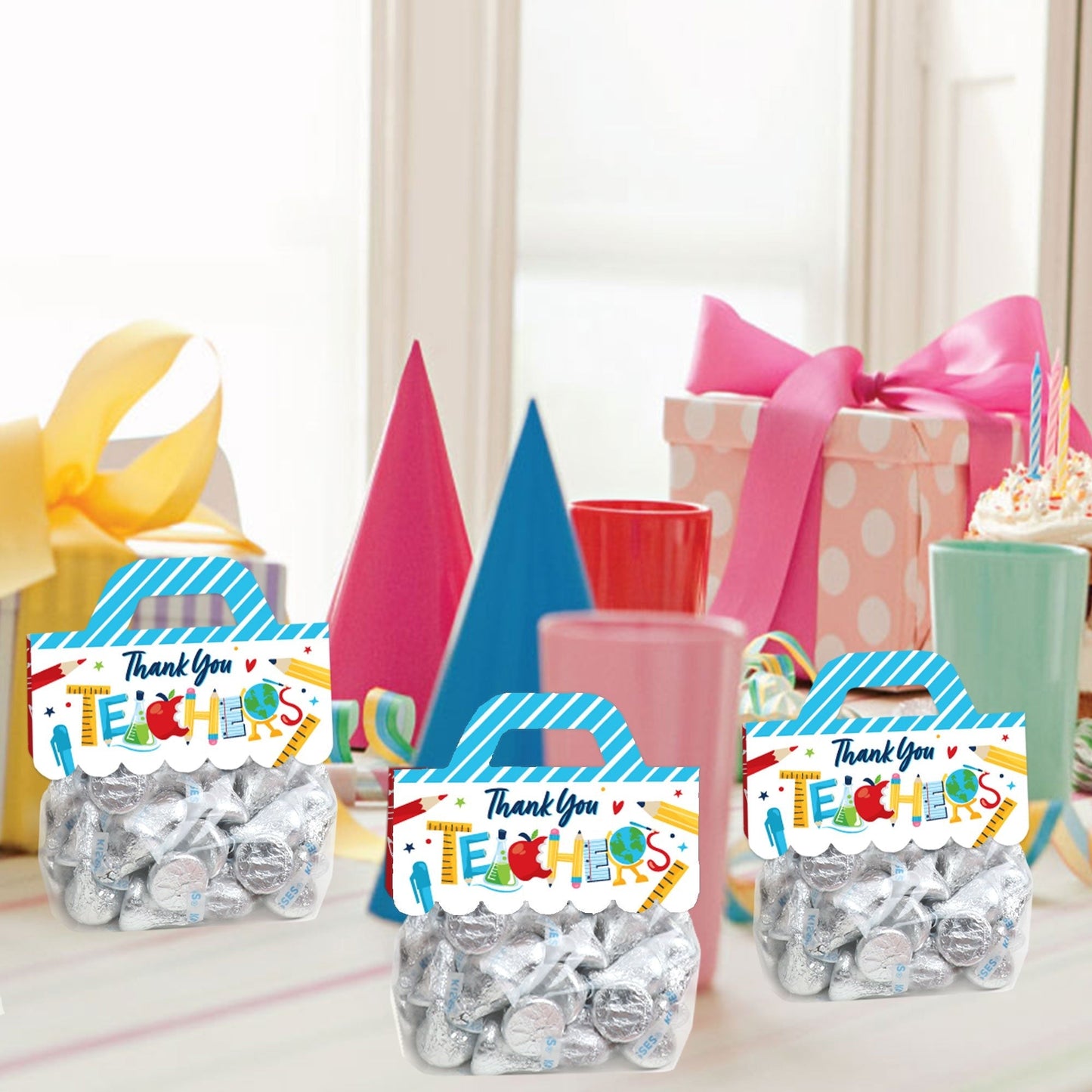 Thank You Teachers - DIY Teacher Appreciation Clear Goodie Favor Bag Labels - Candy Bags with Toppers - Set of 24
