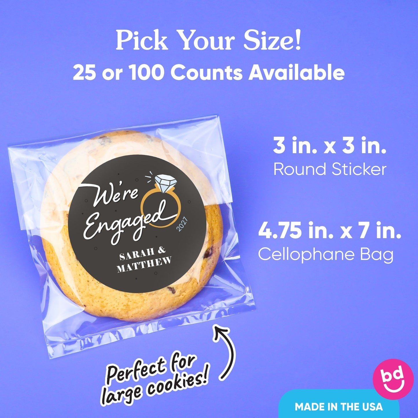 Custom Text Stickers & Clear Cookie Bags - Just Engaged