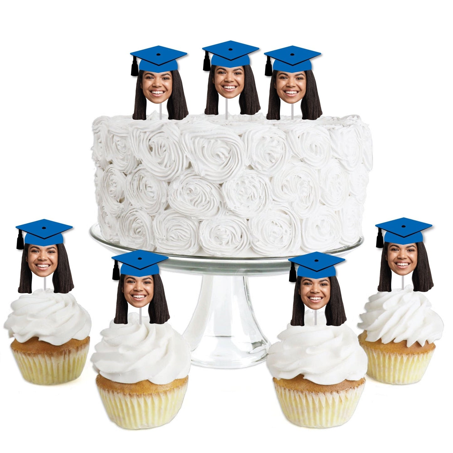 Custom Fun Face Blue Grad Cap Treat Picks - 24 Ct