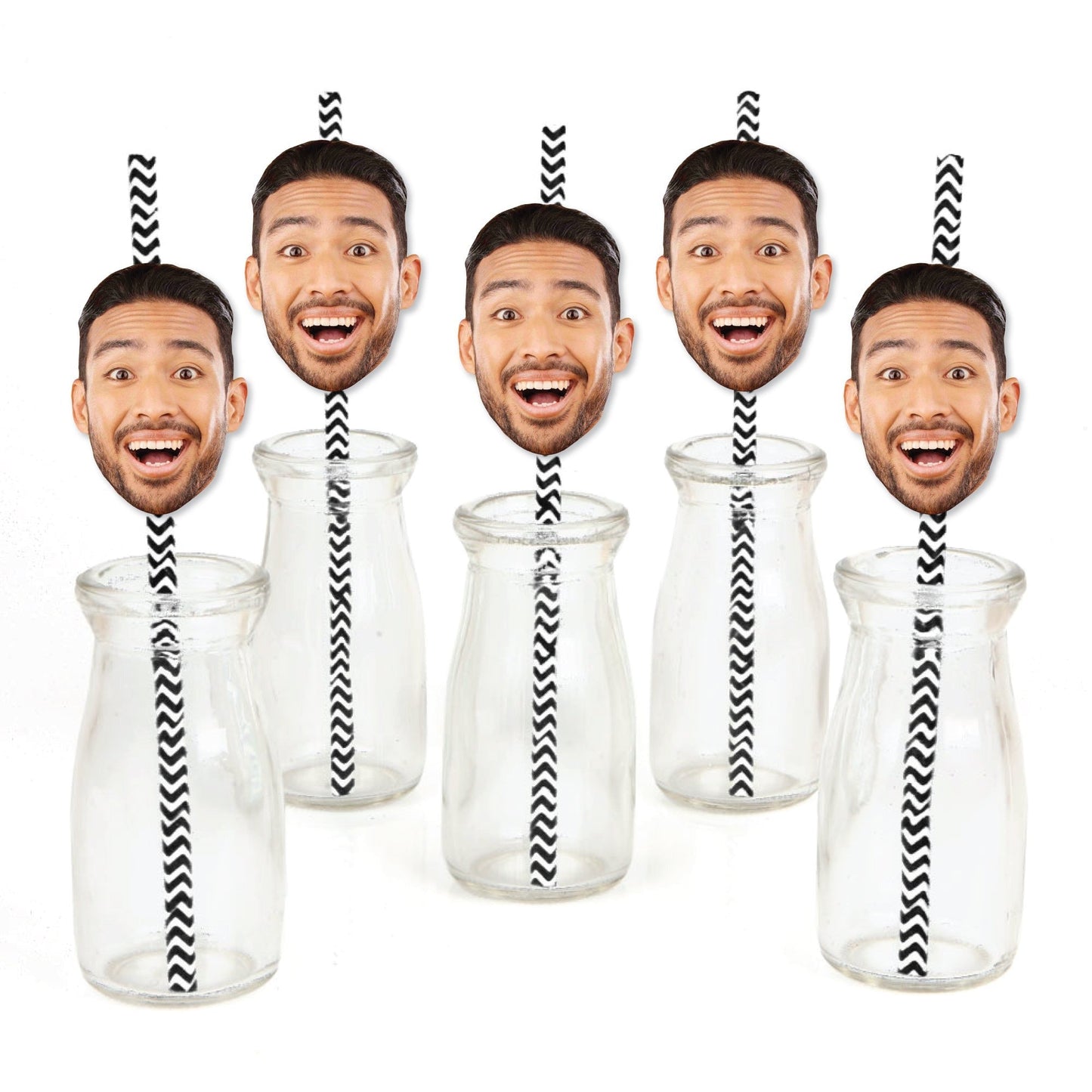 Fun Face Cutout Paper Straw Decor - Custom Photo Head Cut Out Striped Decorative Straws - Upload 1 Photo - Set of 24