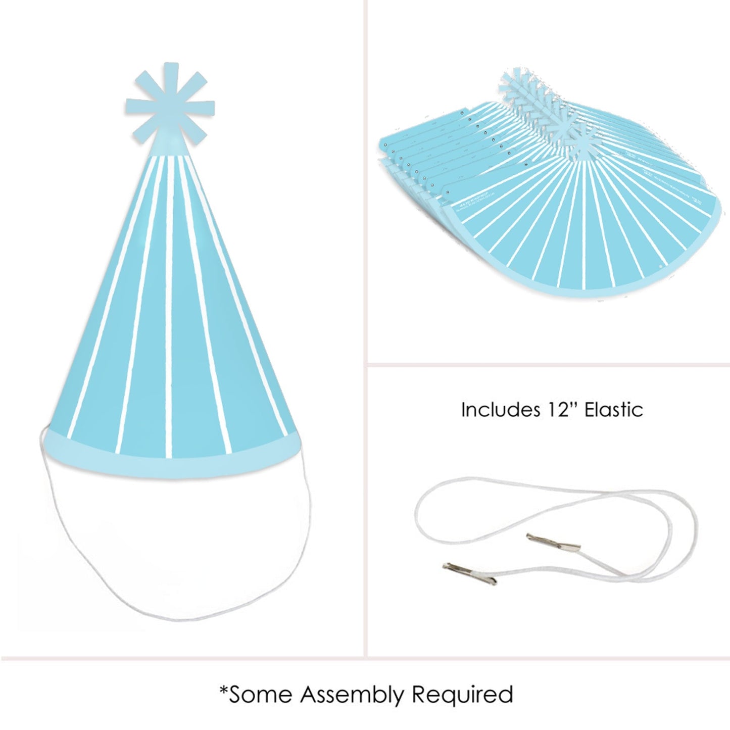 Blue Stripes - Cone Happy Birthday Party Hats for Kids and Adults - Set of 8 (Standard Size)