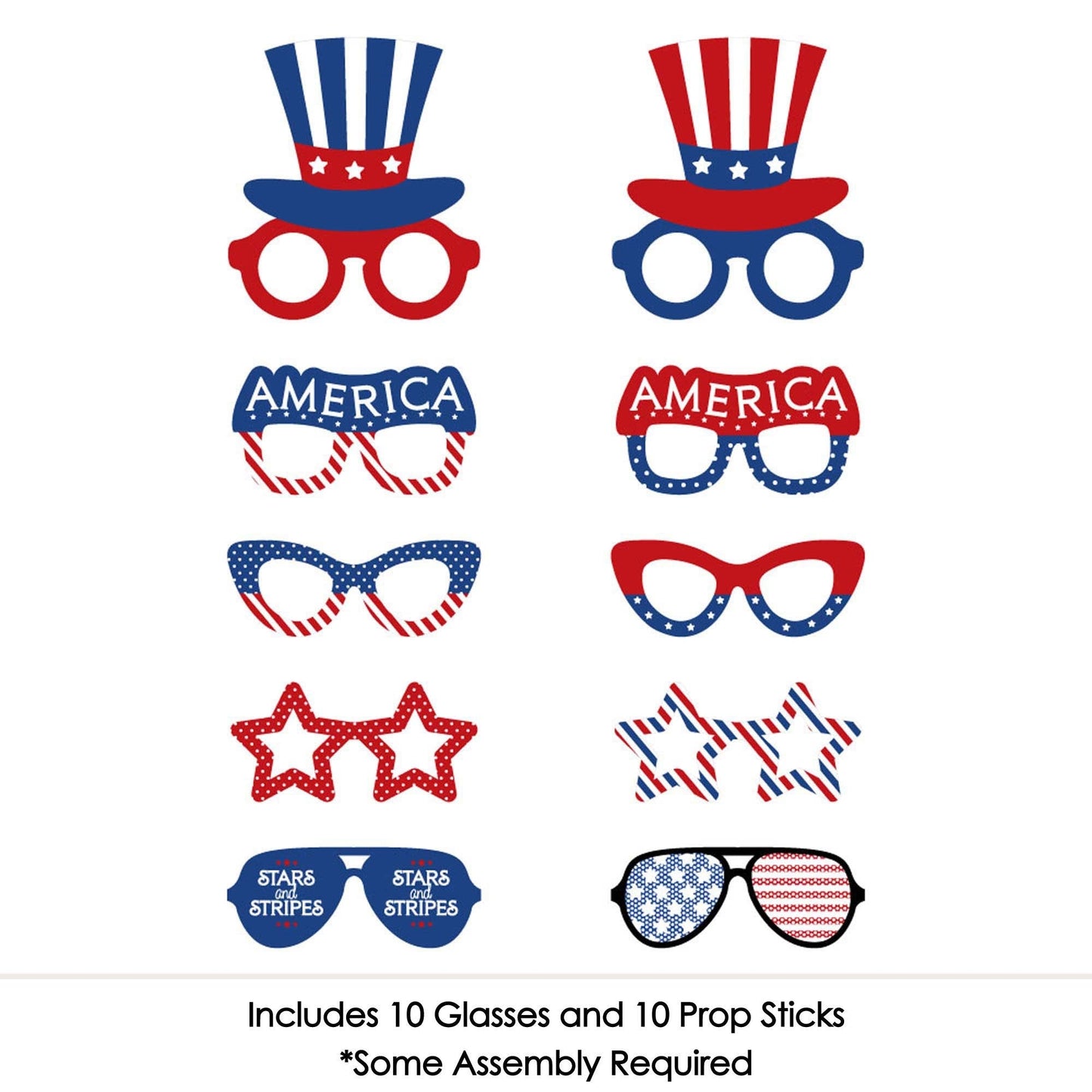 Patriotic Glasses - Paper Card Stock Memorial Day Party Photo Booth Props Kit - 10 Count