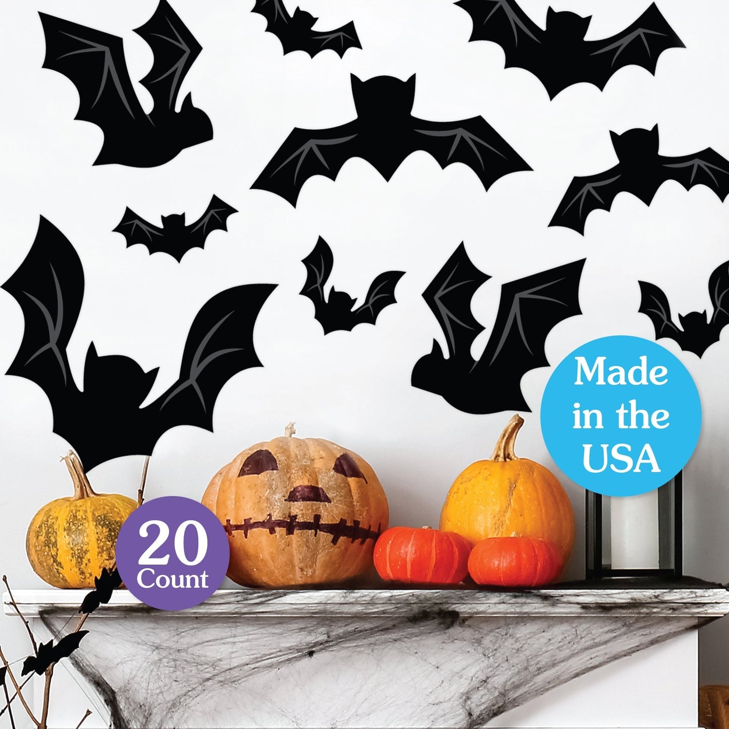 Black Bats - Peel and Stick Halloween Vinyl Wall Art Stickers - Wall Decals - Set of 20