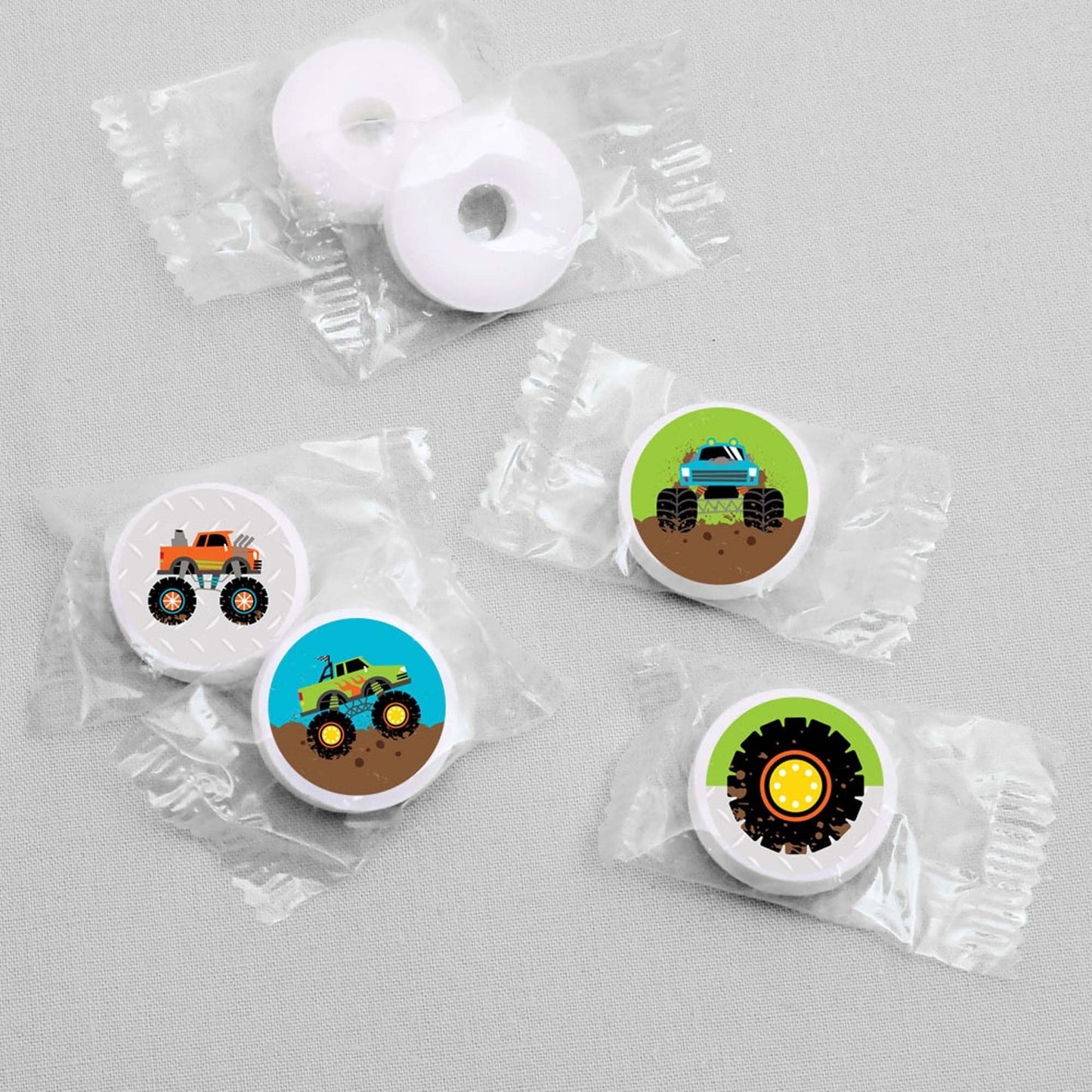 Smash and Crash - Monster Truck - Boy Birthday Party Round Candy Sticker Favors - Labels Fit Hershey's Kisses (1 sheet of 108)