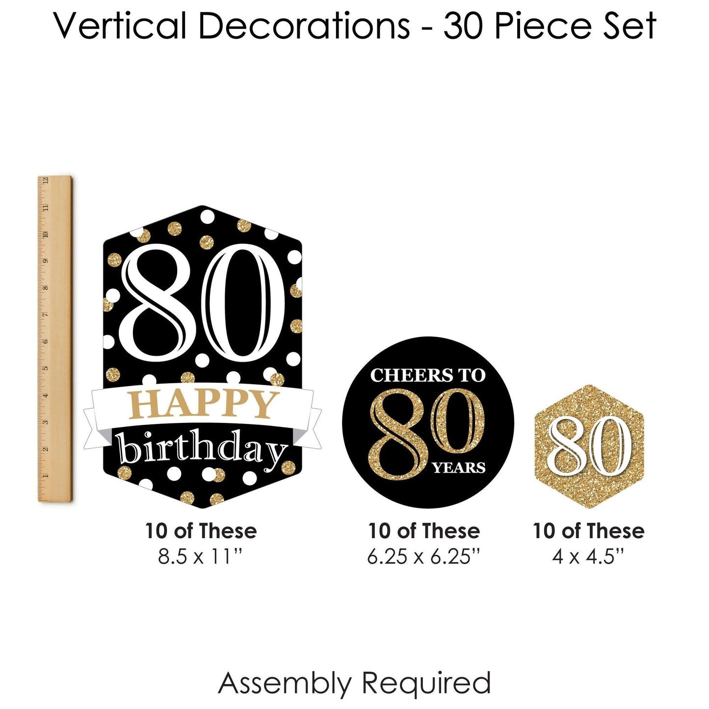 Adult 80th Birthday - Gold - Birthday Party DIY Dangler Backdrop - Hanging Vertical Decorations - 30 Pieces