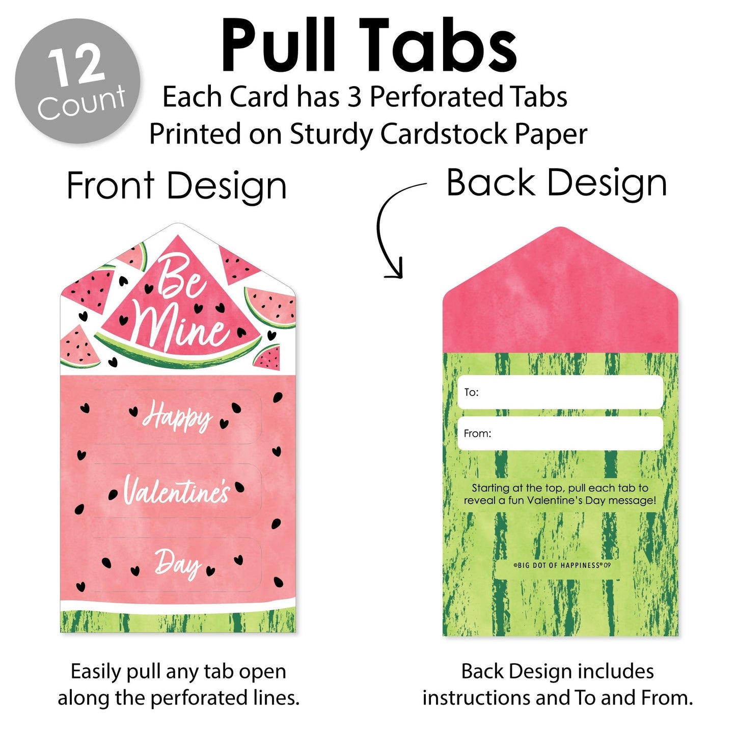 Sweet Watermelon - Fruit Cards for Kids - Happy Valentine’s Day Pull Tabs - Set of 12