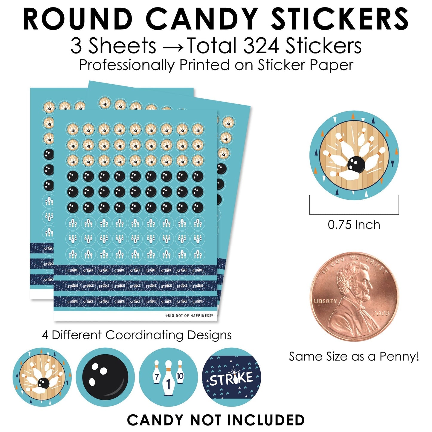Strike Up the Fun - Bowling - Birthday Party or Baby Shower Small Round Candy Stickers - Party Favor Labels - 324 Count