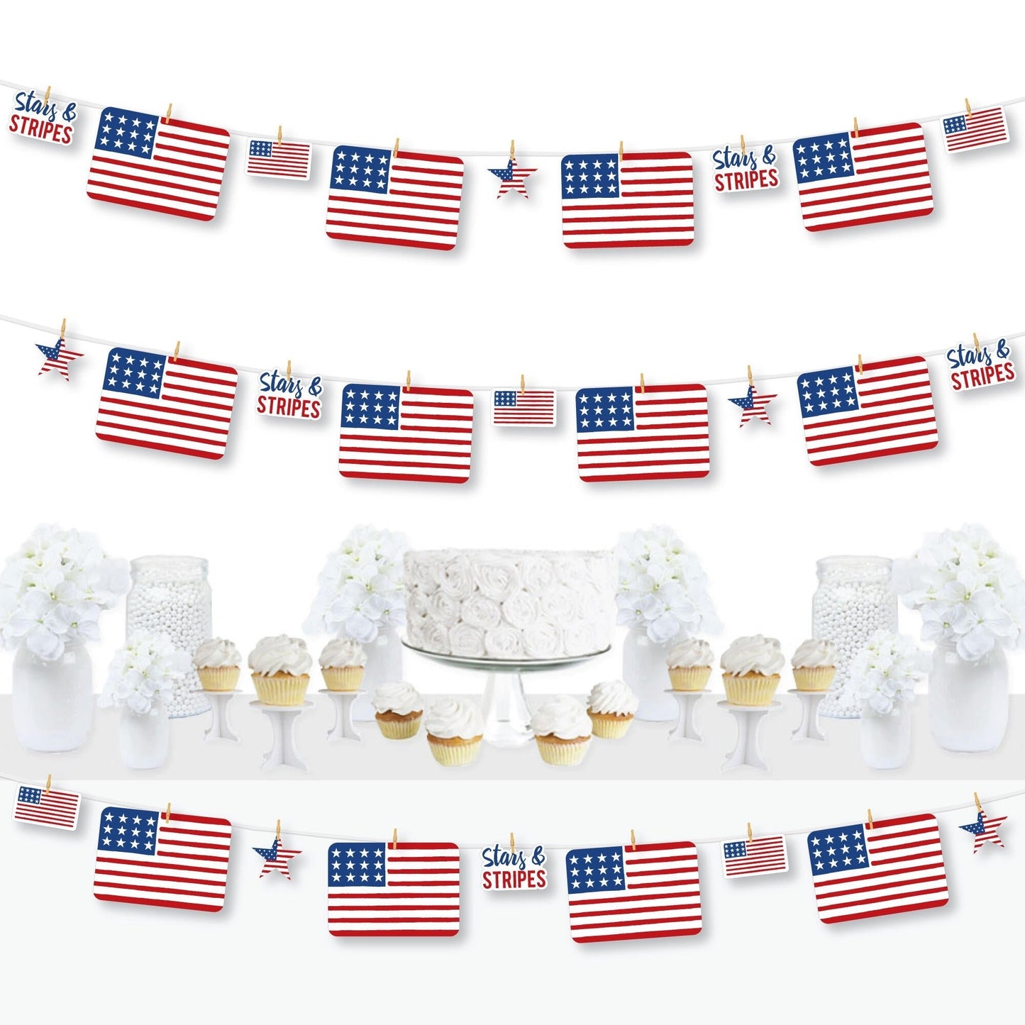 Stars & Stripes - Memorial Day, 4th of July and Labor Day USA Patriotic Party DIY Decorations - Clothespin Garland Banner - 44 Pieces