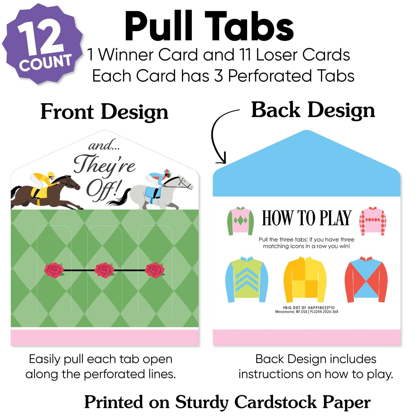 Derby Horse Race 3-In-A-Row Pull Tabs Game - 12 Ct