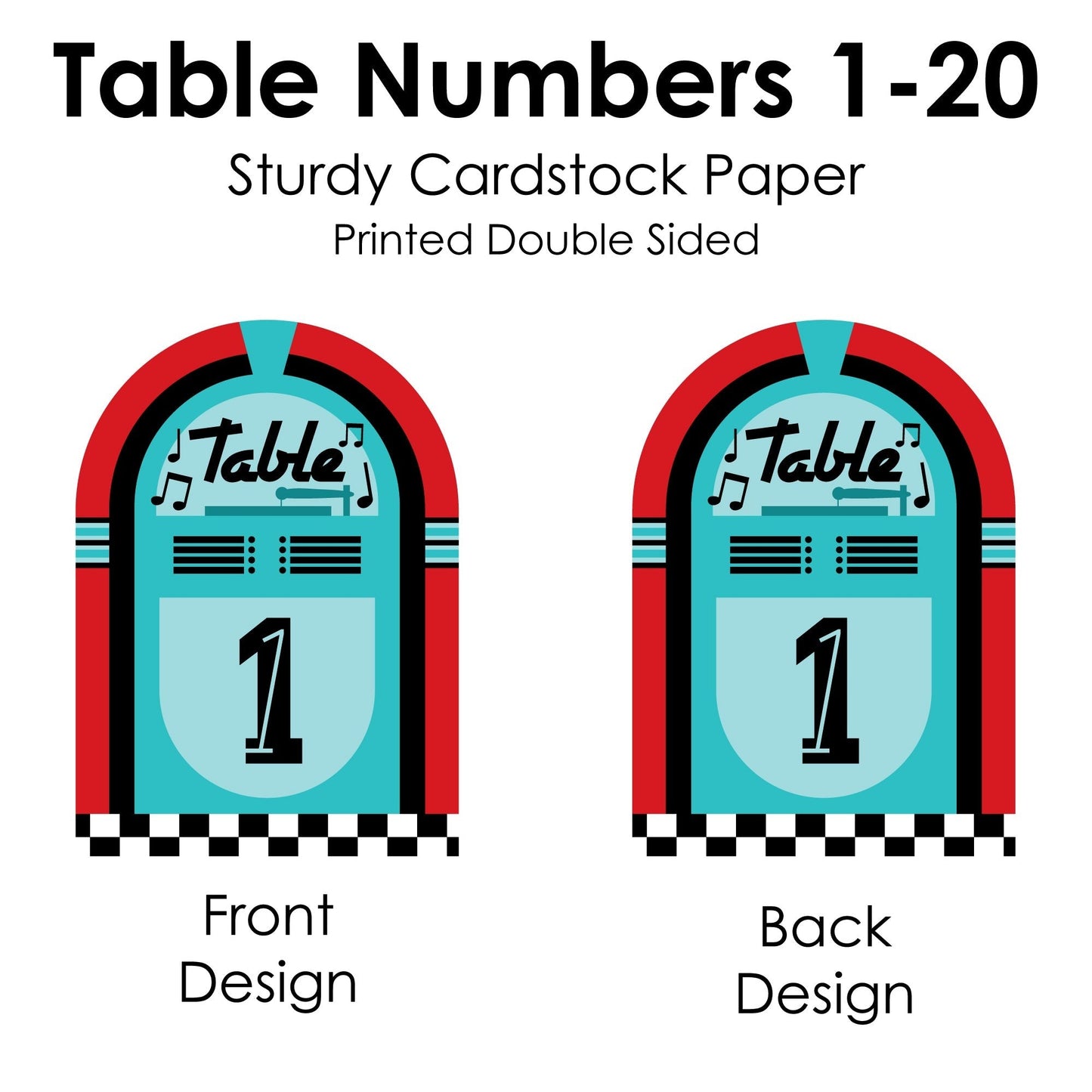 50's Sock Hop - 1950s Rock N Roll Party Double-Sided 5 x 7 inches Cards - Table Numbers - 1-20