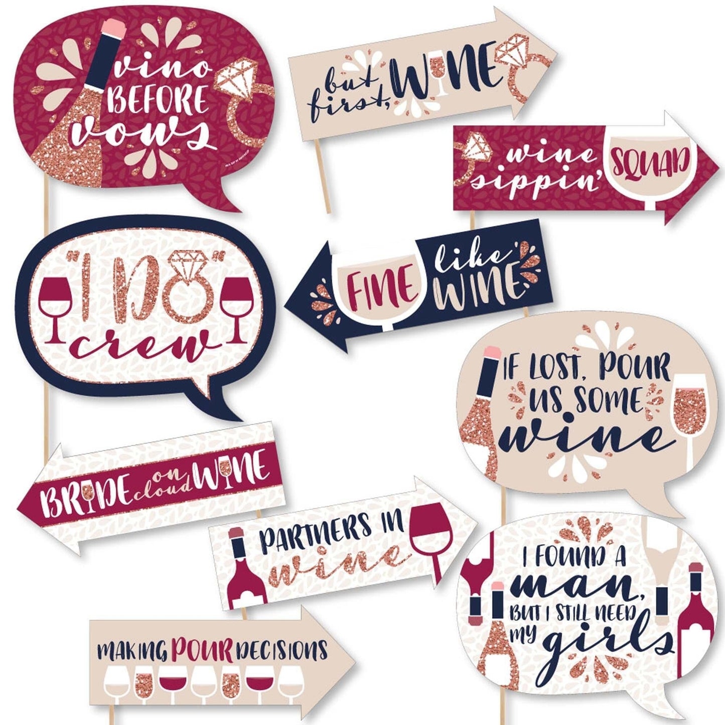 Funny Vino Before Vows - 10 Piece Winery Bachelorette Party Photo Booth Props Kit