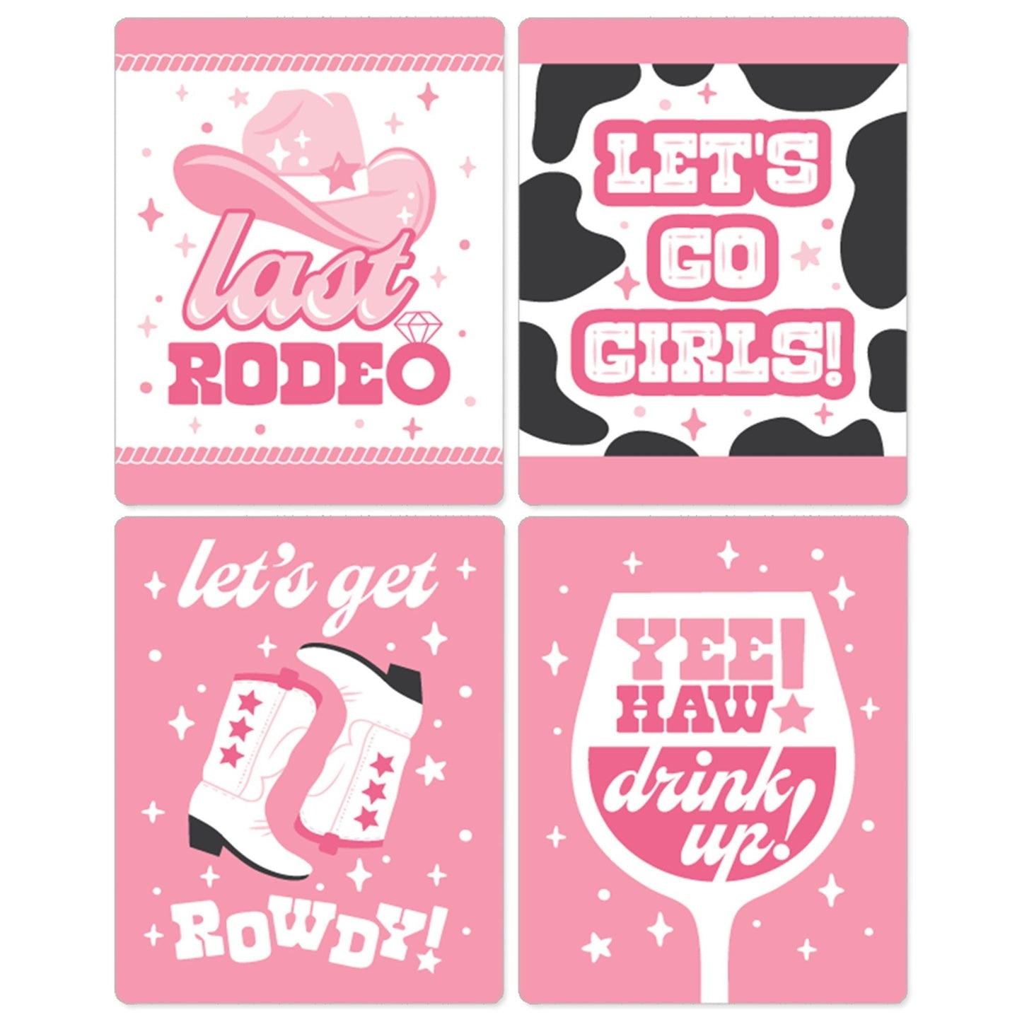 Last Rodeo - Pink Cowgirl Bachelorette Party Decorations for Women and Men - Wine Bottle Label Stickers - Set of 4